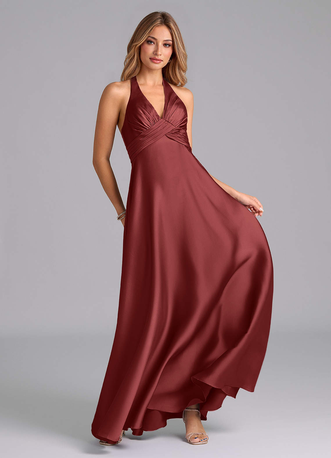 Tessie A-Line V-Neck Stretch Satin Bridesmaid Dress in Terracotta
