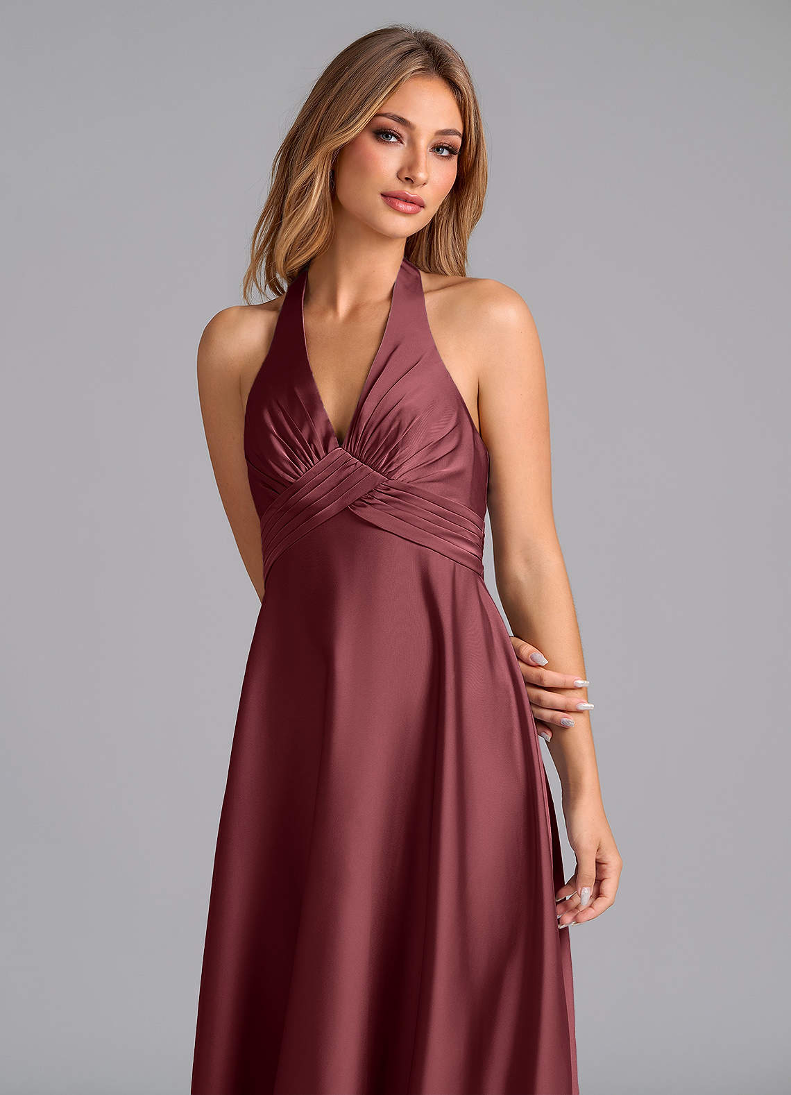 Tessie A-Line V-Neck Stretch Satin Bridesmaid Dress in Merlot