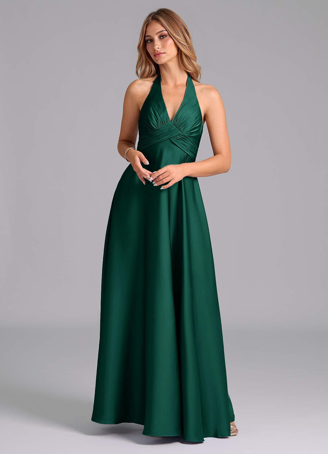 Tessie A-Line V-Neck Stretch Satin Bridesmaid Dress in Emerald