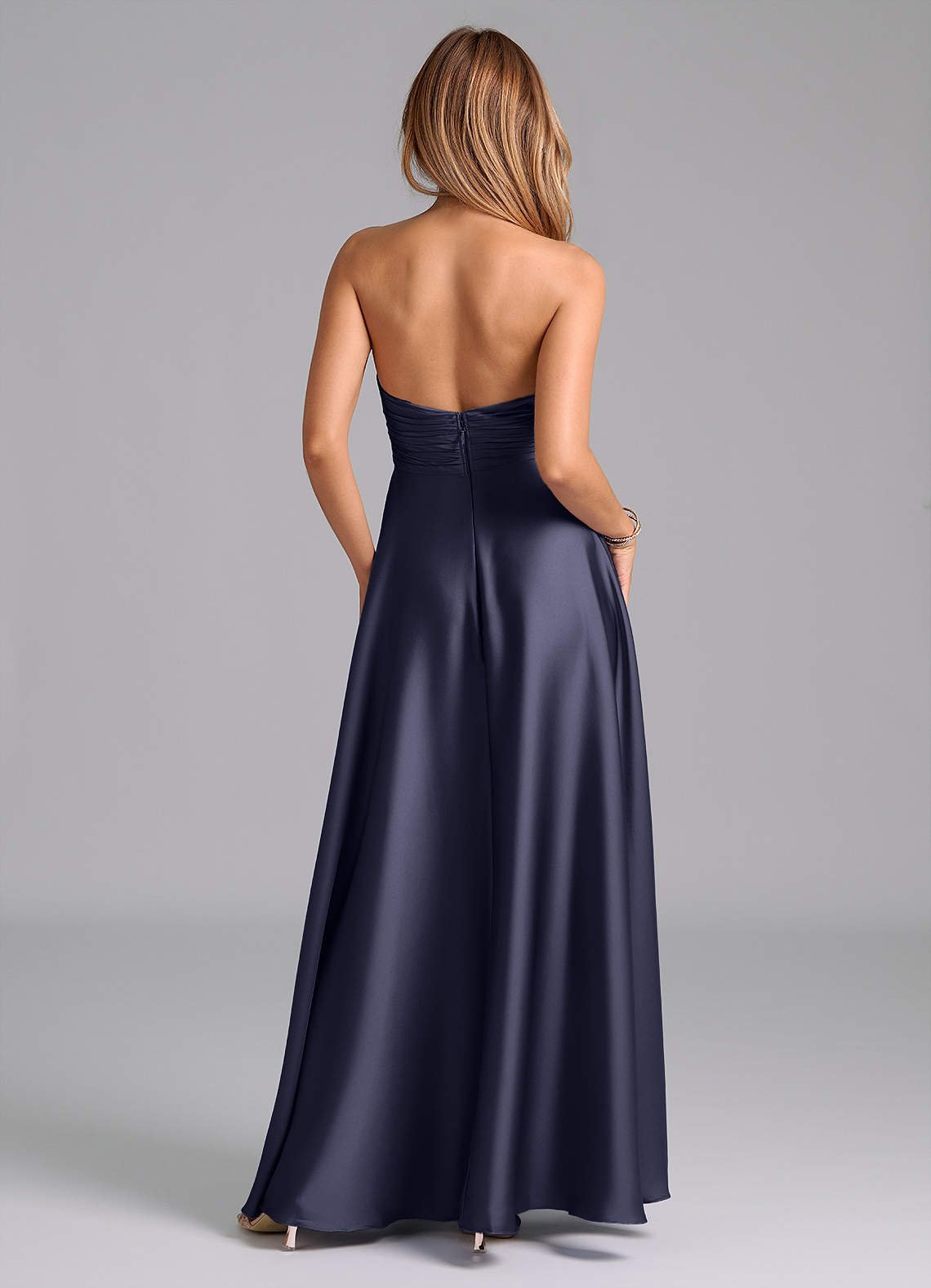 Tessie A-Line V-Neck Stretch Satin Bridesmaid Dress in Stormy