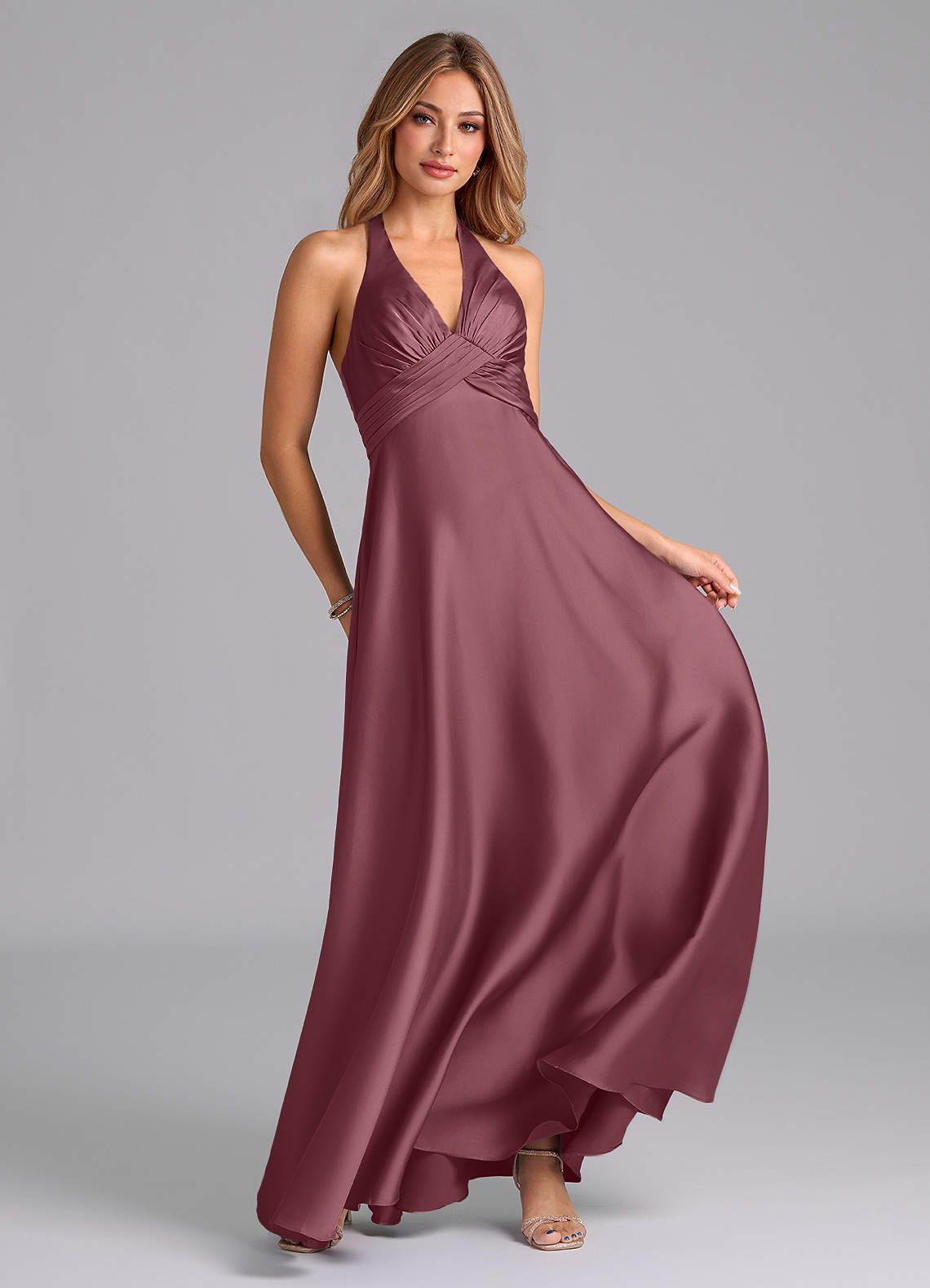Tessie A-Line V-Neck Stretch Satin Bridesmaid Dress in Desert Rose