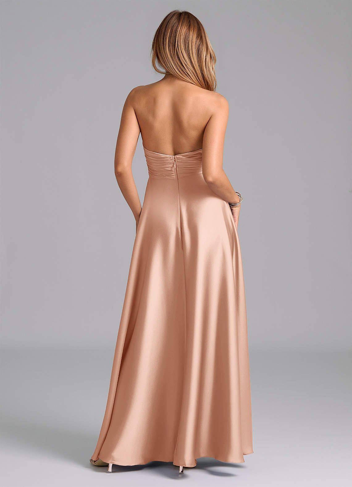 Tessie A-Line V-Neck Stretch Satin Bridesmaid Dress in rose gold