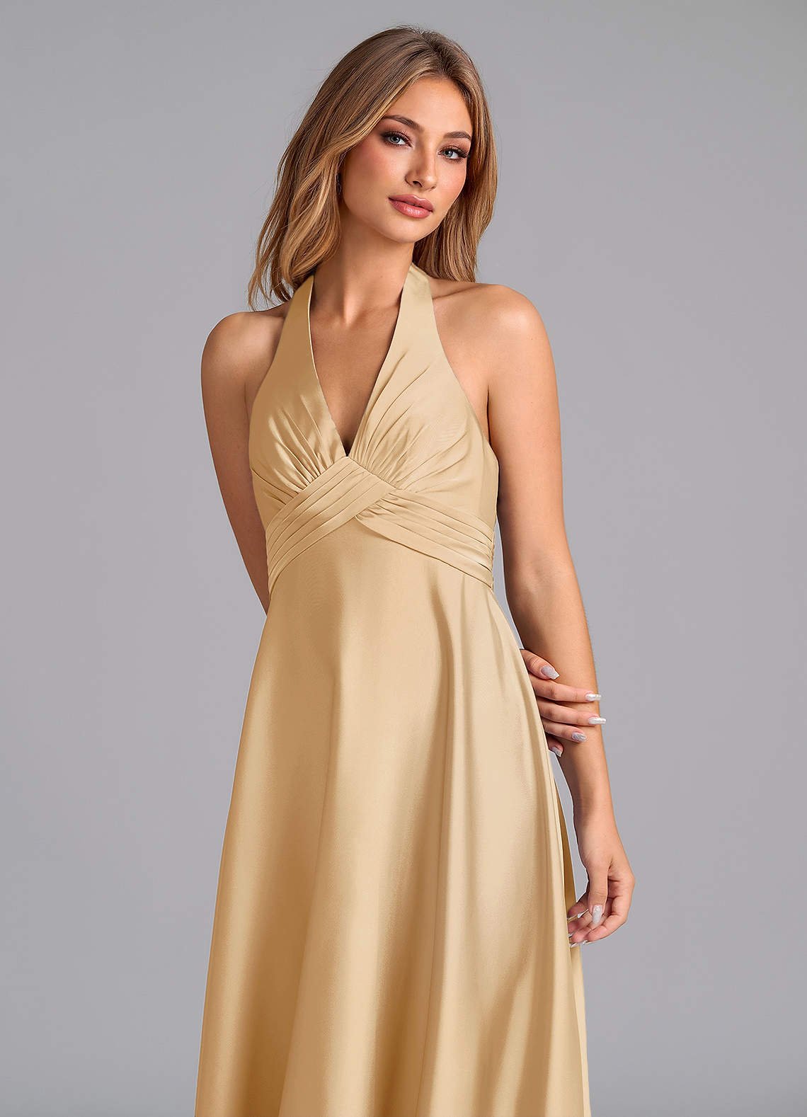 Tessie A-Line V-Neck Stretch Satin Bridesmaid Dress in Gold