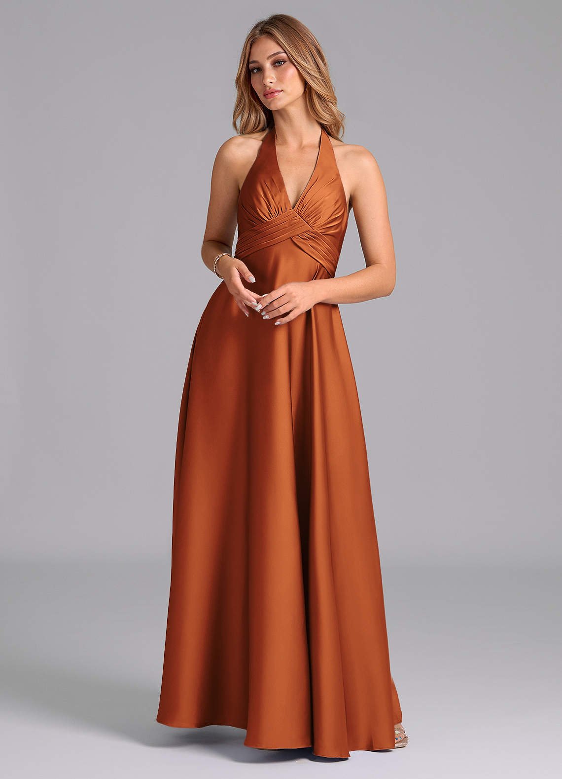 Tessie A-Line V-Neck Stretch Satin Bridesmaid Dress in Cinnamon