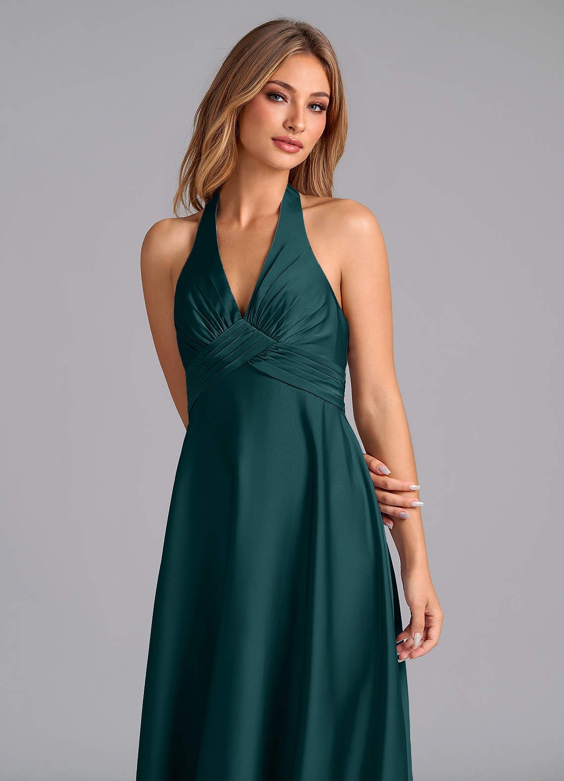 Tessie A-Line V-Neck Stretch Satin Bridesmaid Dress in Pine