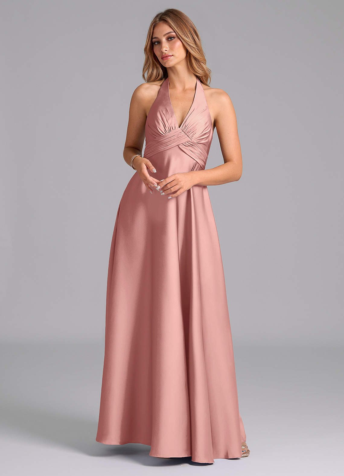 Tessie A-Line V-Neck Stretch Satin Bridesmaid Dress in Rosette