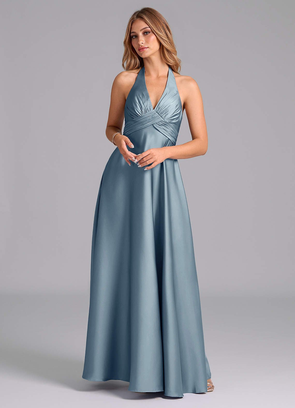 Tessie A-Line V-Neck Stretch Satin Bridesmaid Dress in dusty blue