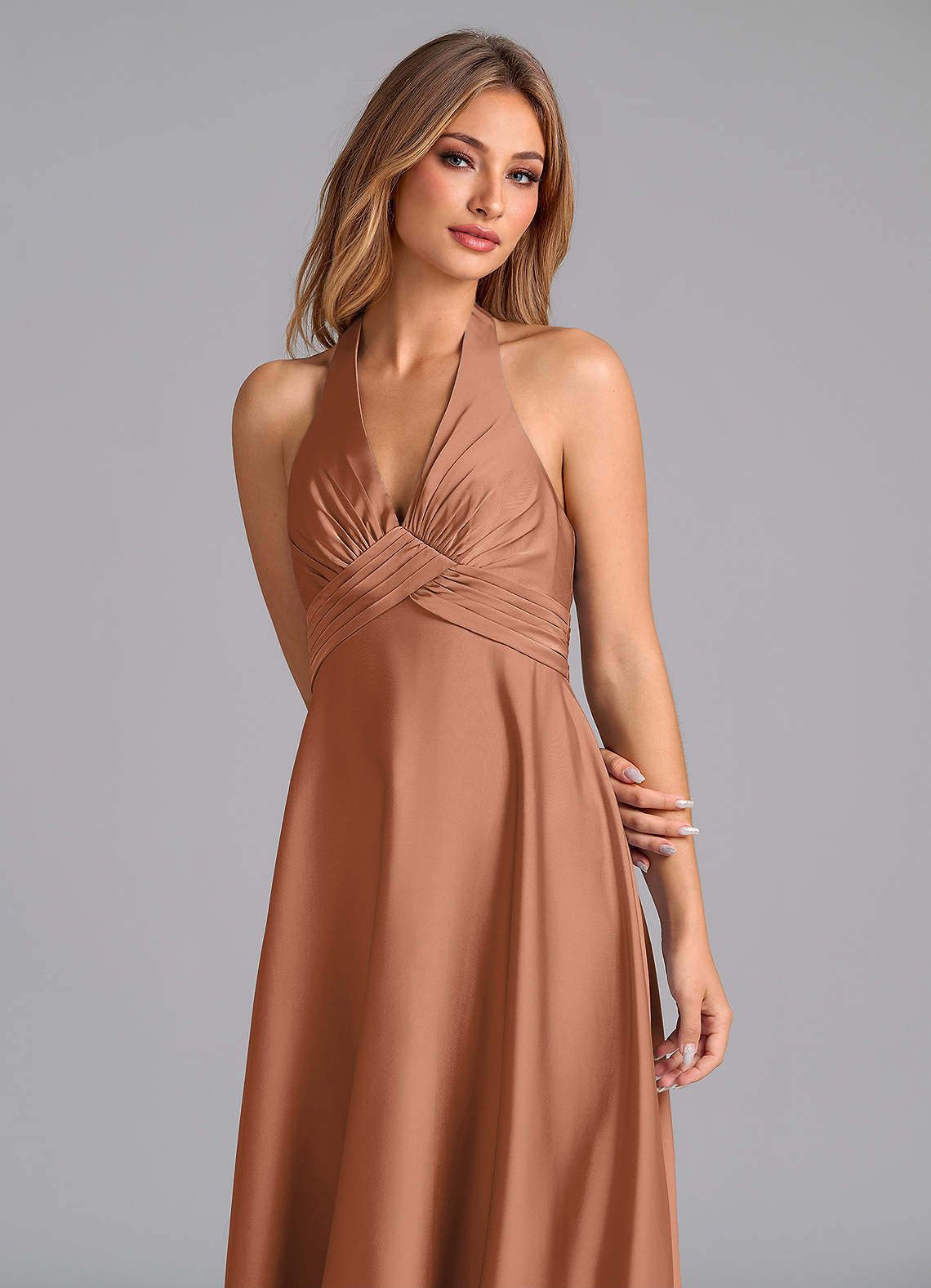 Tessie A-Line V-Neck Stretch Satin Bridesmaid Dress in Bronzer