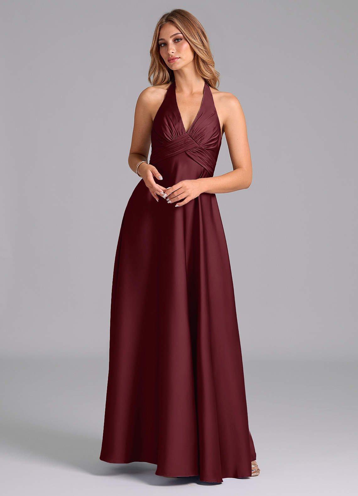 Tessie A-Line V-Neck Stretch Satin Bridesmaid Dress in Cabernet