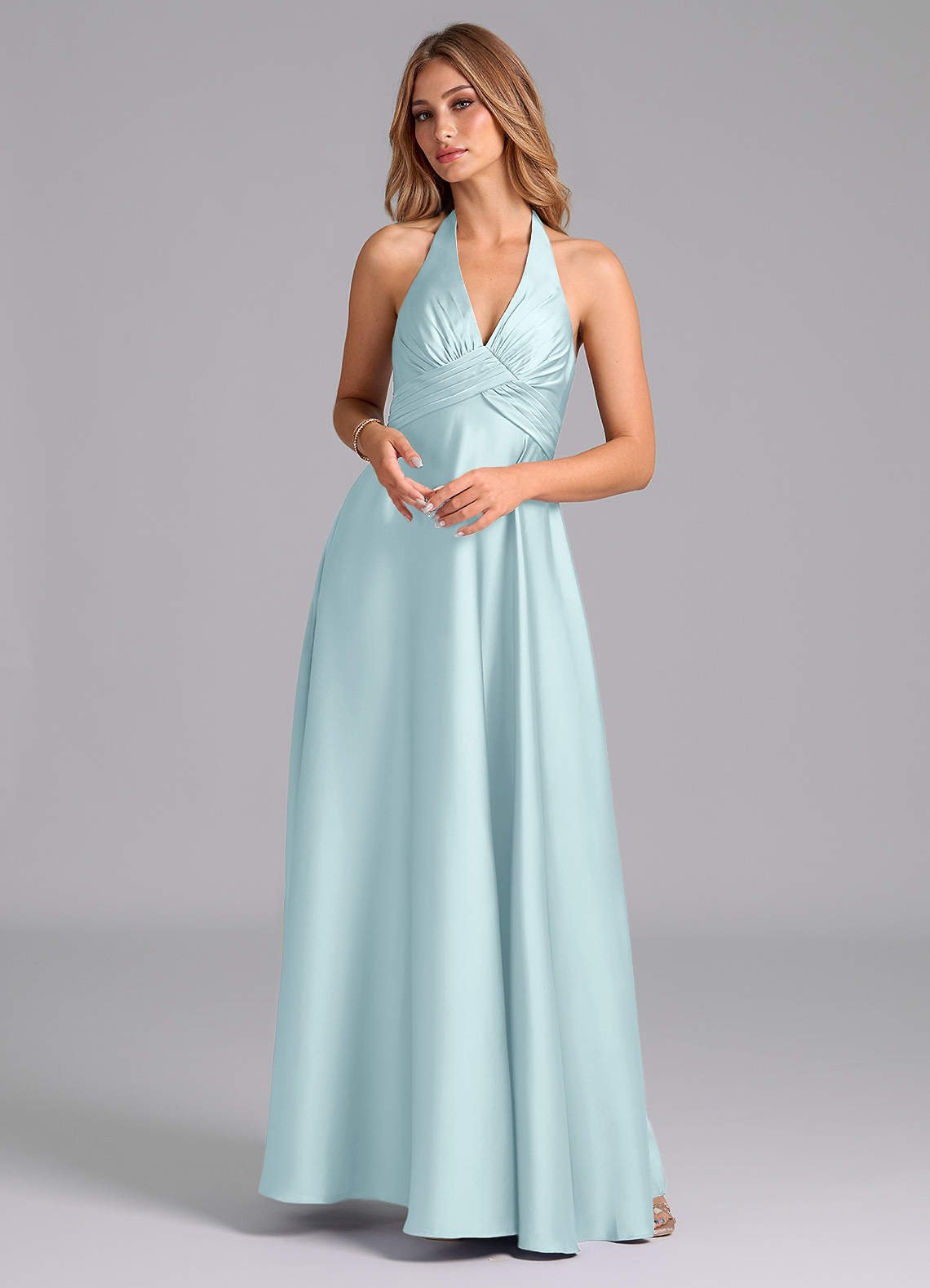 Tessie A-Line V-Neck Stretch Satin Bridesmaid Dress in Cloud Blue