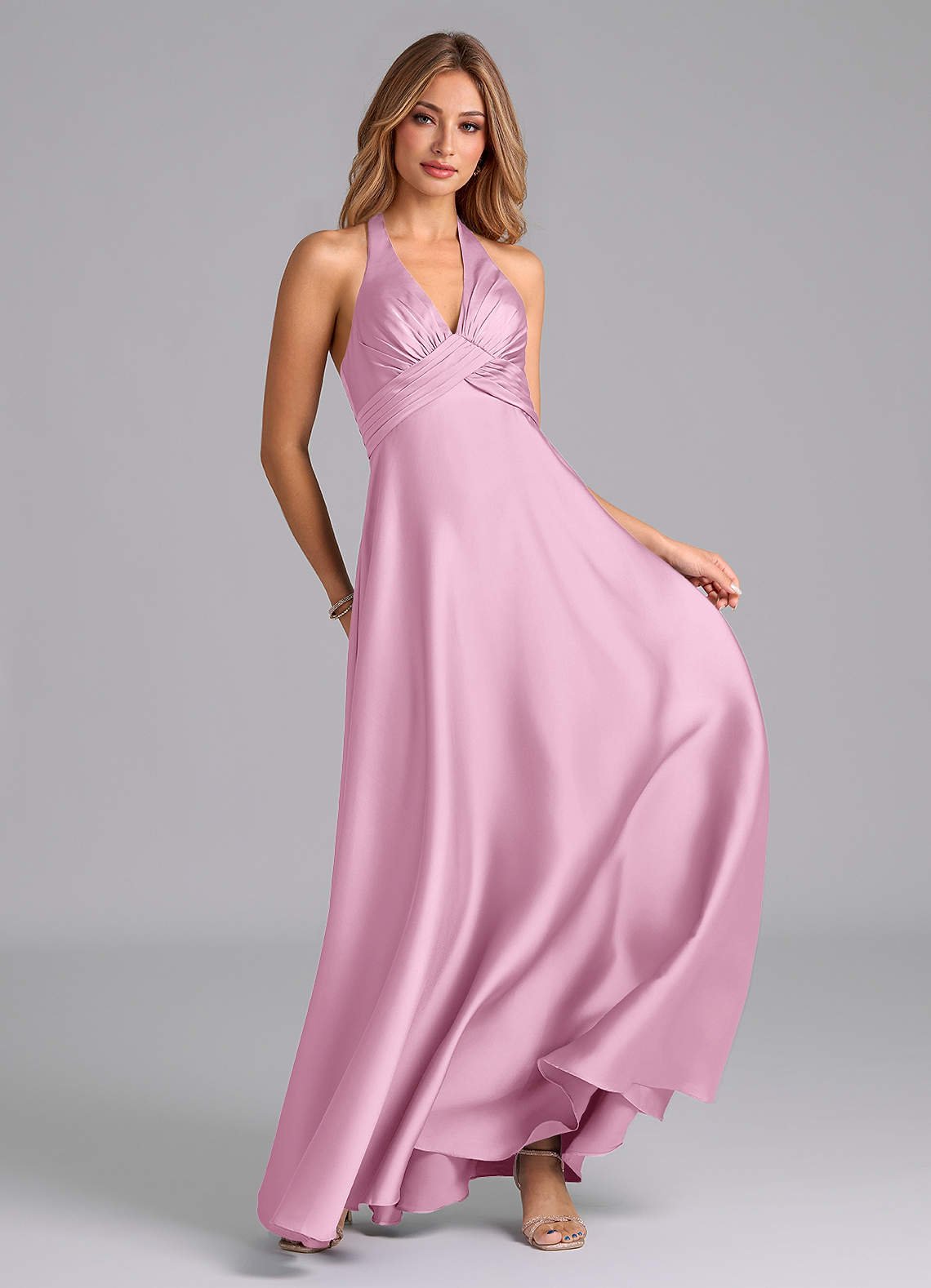 Tessie A-Line V-Neck Stretch Satin Bridesmaid Dress in candy pink