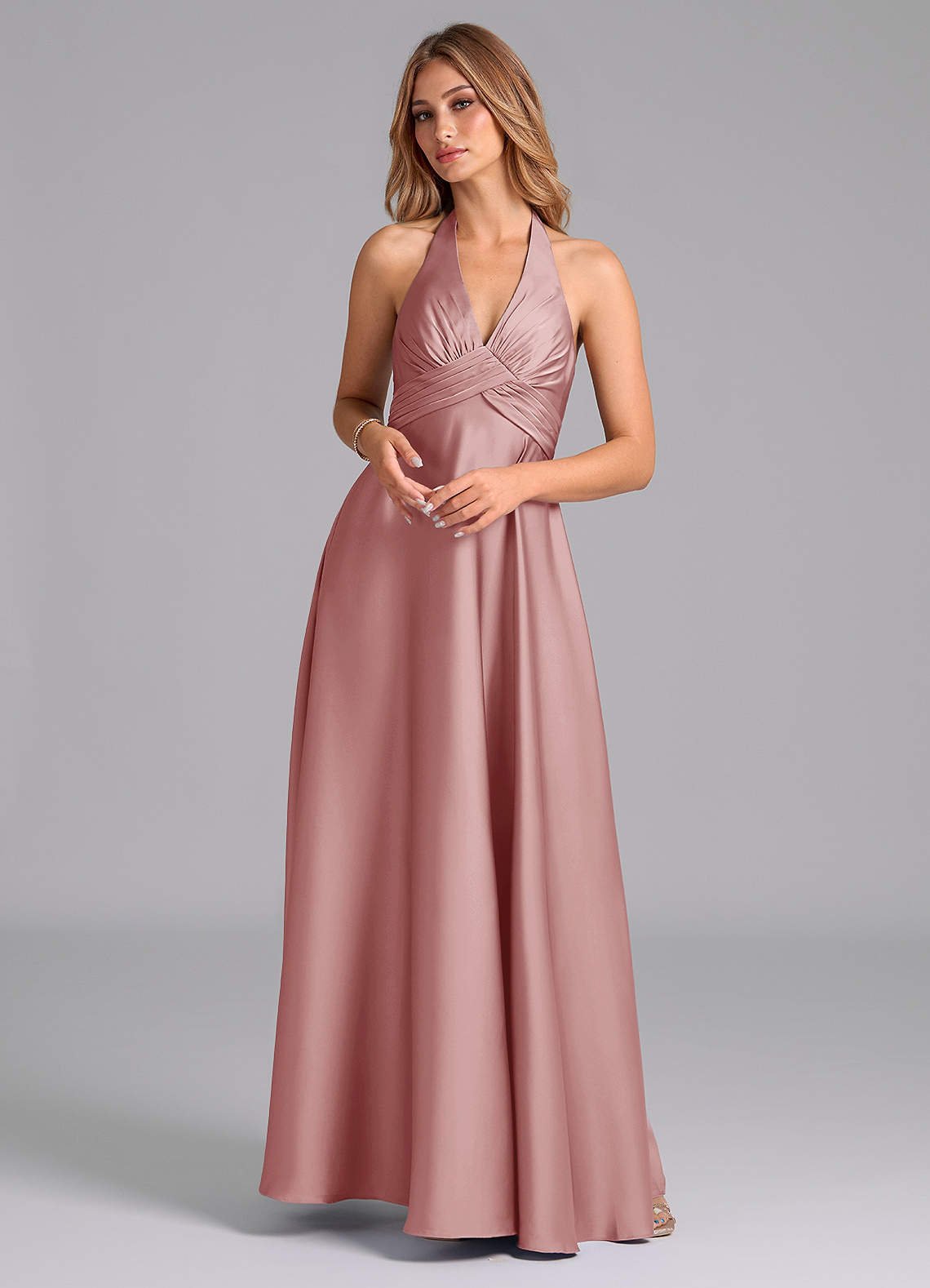 Tessie A-Line V-Neck Stretch Satin Bridesmaid Dress in dusty rose