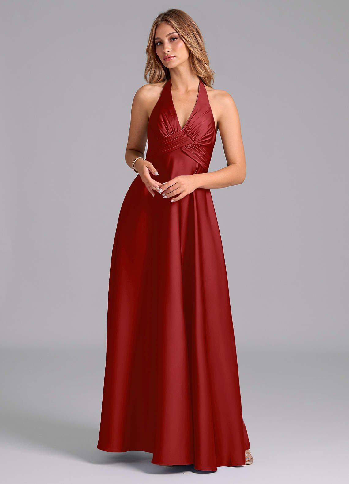 Tessie A-Line V-Neck Stretch Satin Bridesmaid Dress in Pomegranate