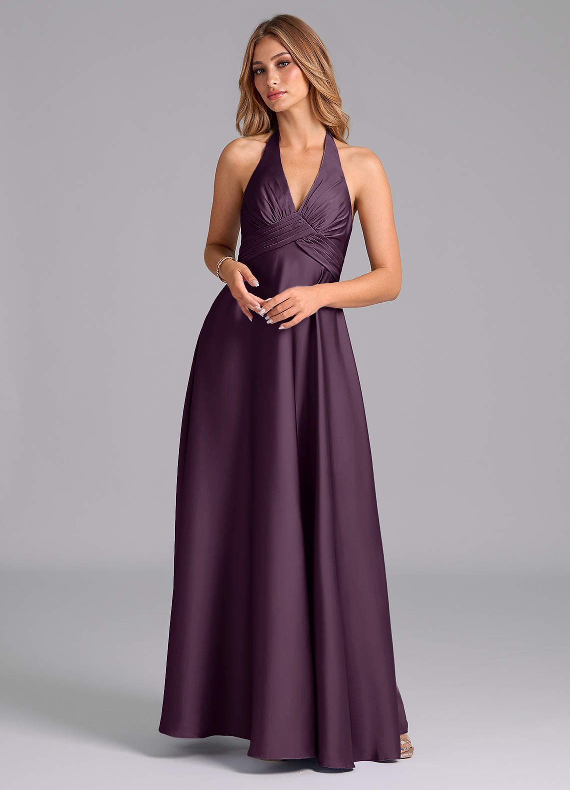 Tessie A-Line V-Neck Stretch Satin Bridesmaid Dress in Plum