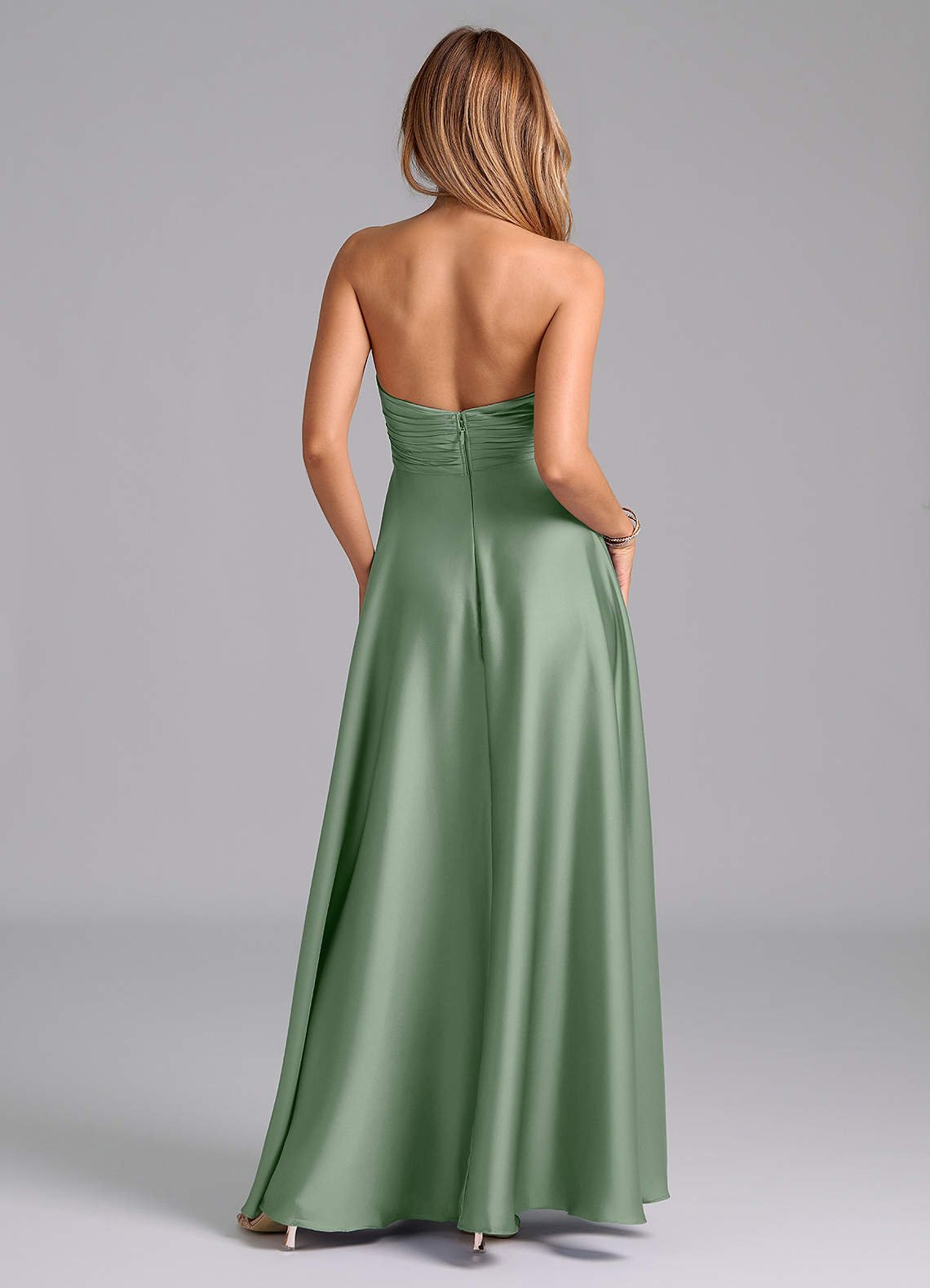 Tessie A-Line V-Neck Stretch Satin Bridesmaid Dress in Matcha