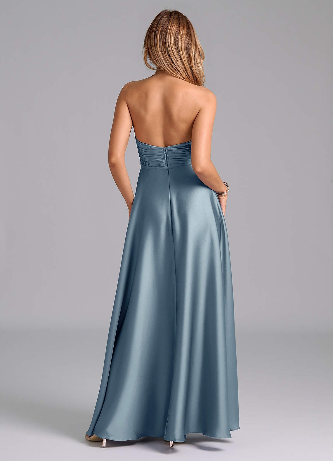 Tessie A-Line V-Neck Stretch Satin Bridesmaid Dress in dusty blue