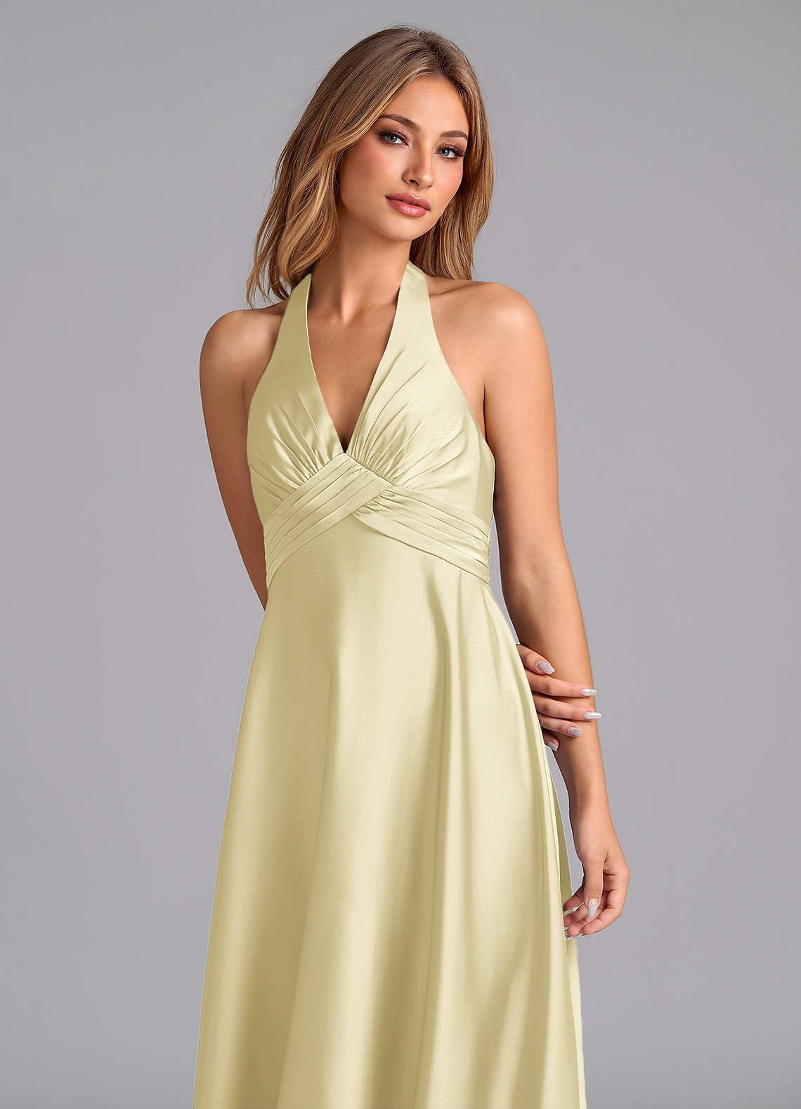 Tessie A-Line V-Neck Stretch Satin Bridesmaid Dress in Lemon Sorbet