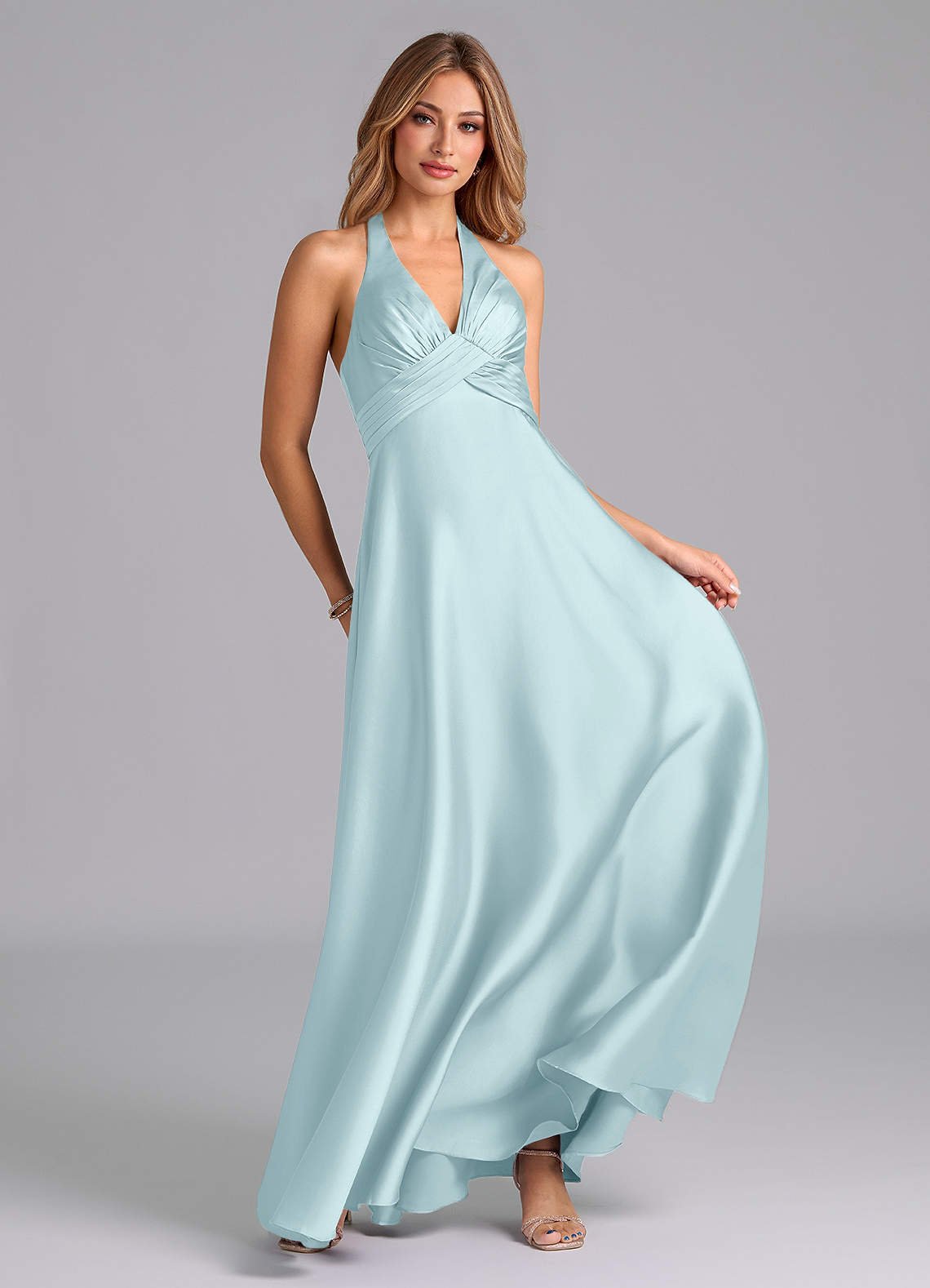 Tessie A-Line V-Neck Stretch Satin Bridesmaid Dress in Cloud Blue