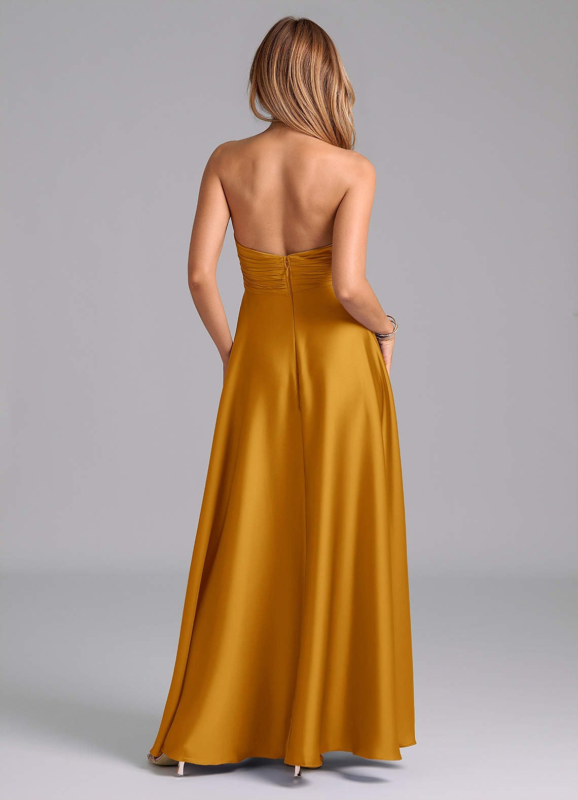 Tessie A-Line V-Neck Stretch Satin Bridesmaid Dress in butterscotch