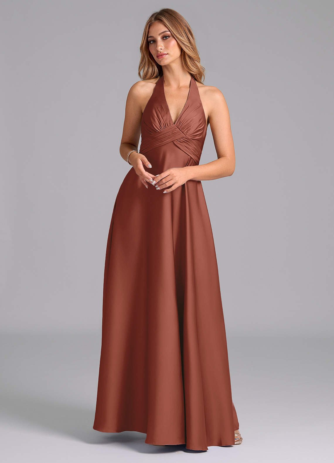 Tessie A-Line V-Neck Stretch Satin Bridesmaid Dress in Auburn