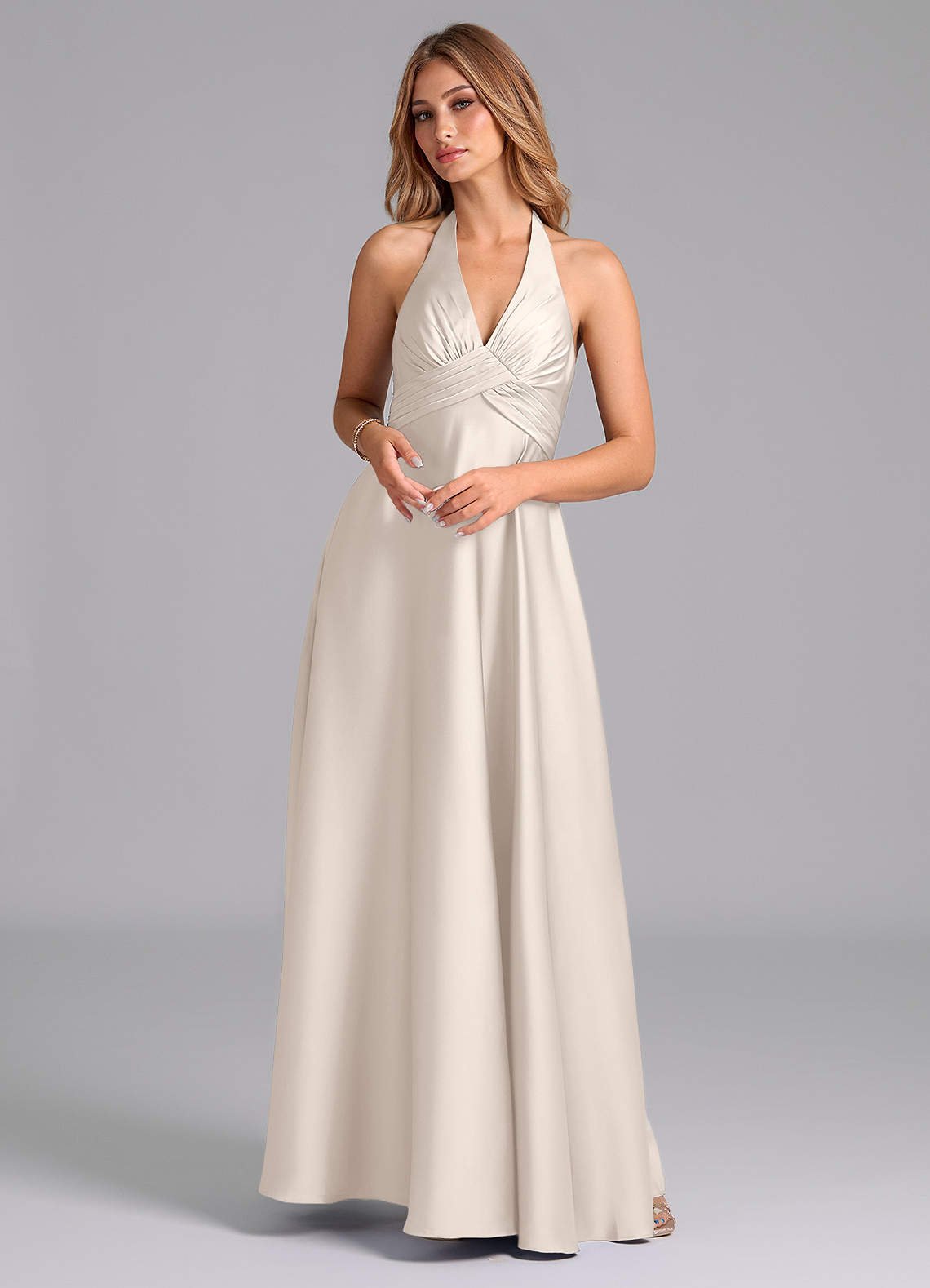 Tessie A-Line V-Neck Stretch Satin Bridesmaid Dress in White Alabaster