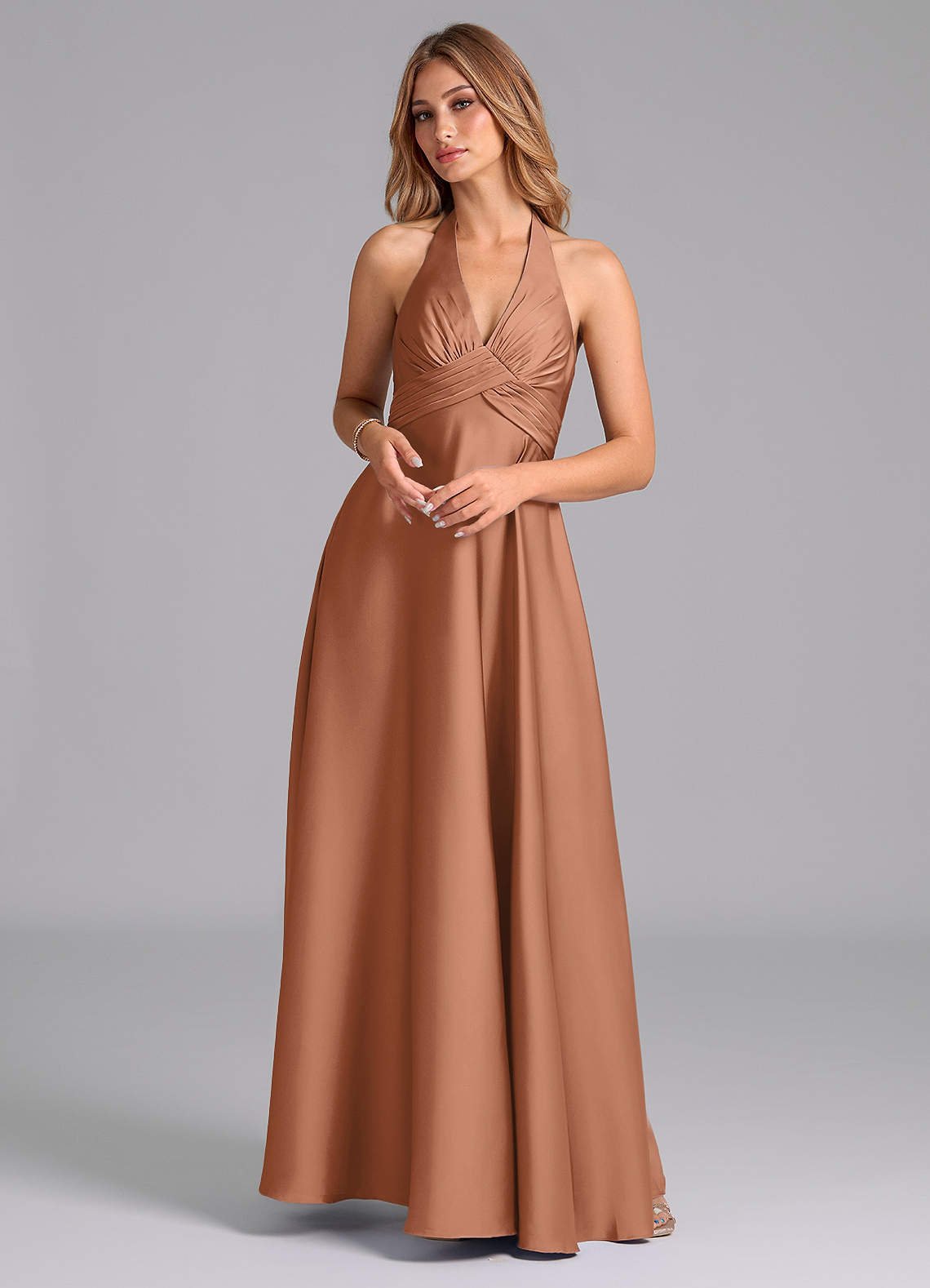 Tessie A-Line V-Neck Stretch Satin Bridesmaid Dress in Bronzer