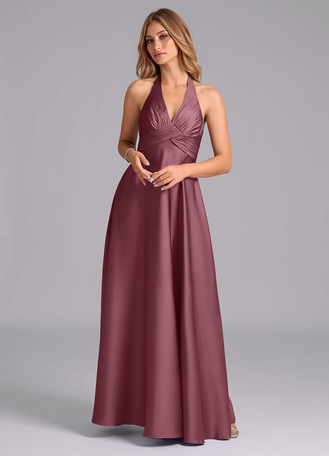 Tessie A-Line V-Neck Stretch Satin Bridesmaid Dress in Desert Rose