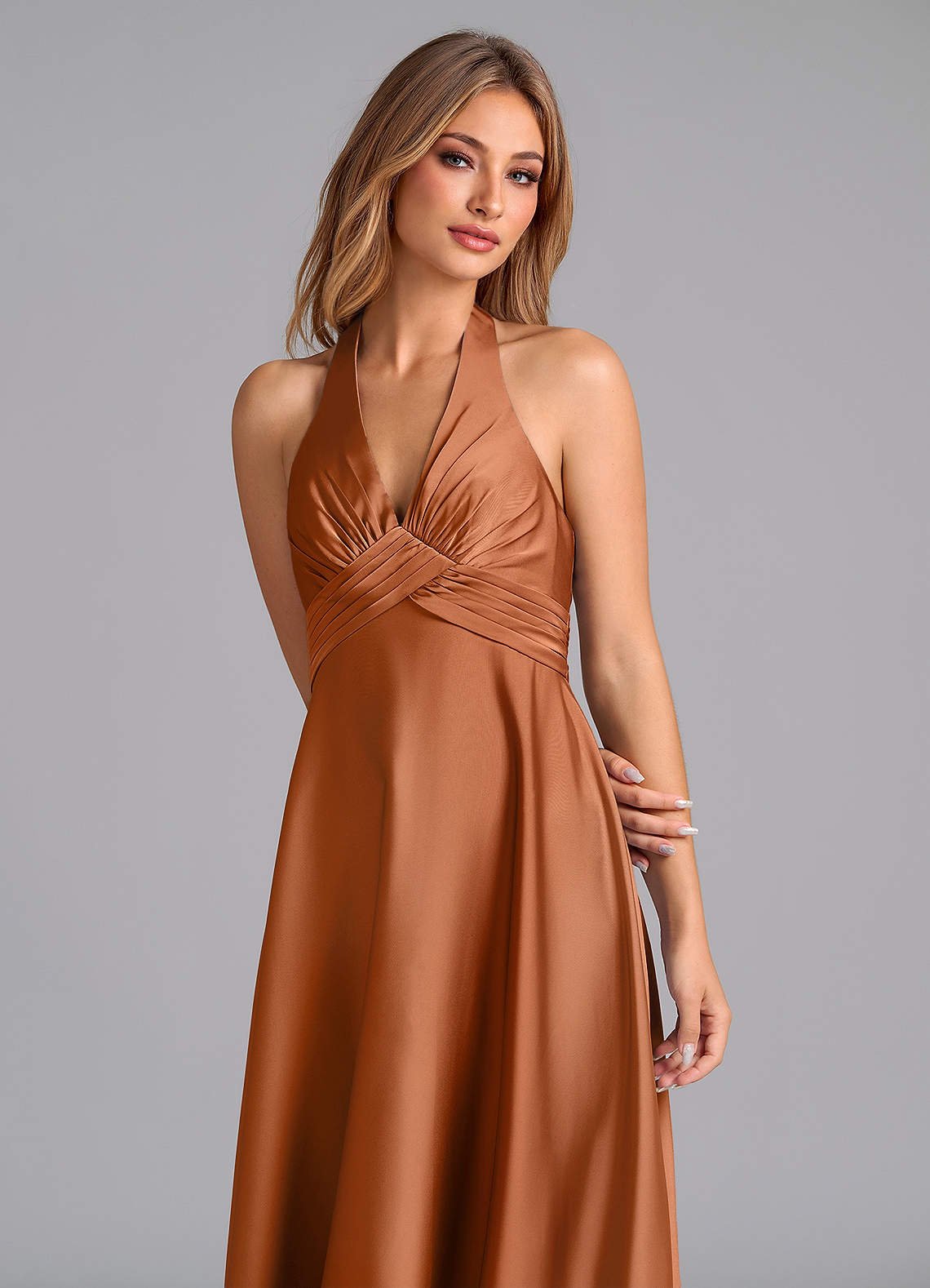 Tessie A-Line V-Neck Stretch Satin Bridesmaid Dress in Copper