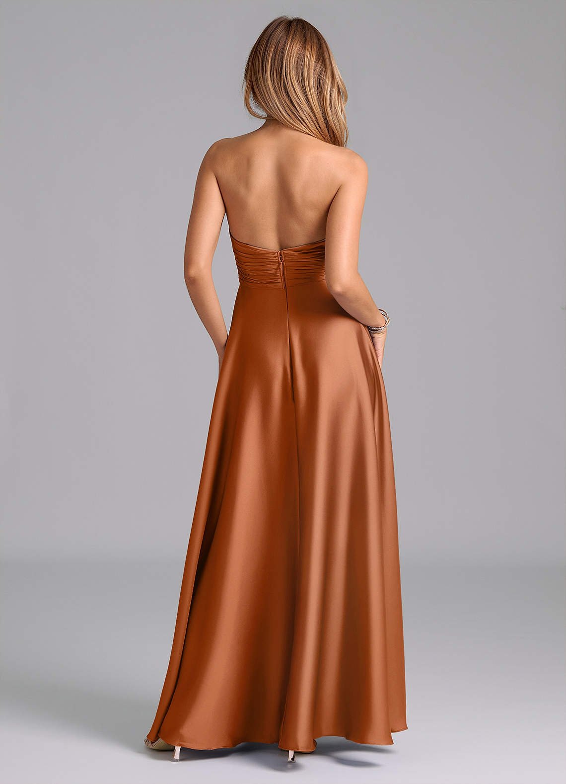 Tessie A-Line V-Neck Stretch Satin Bridesmaid Dress in Copper