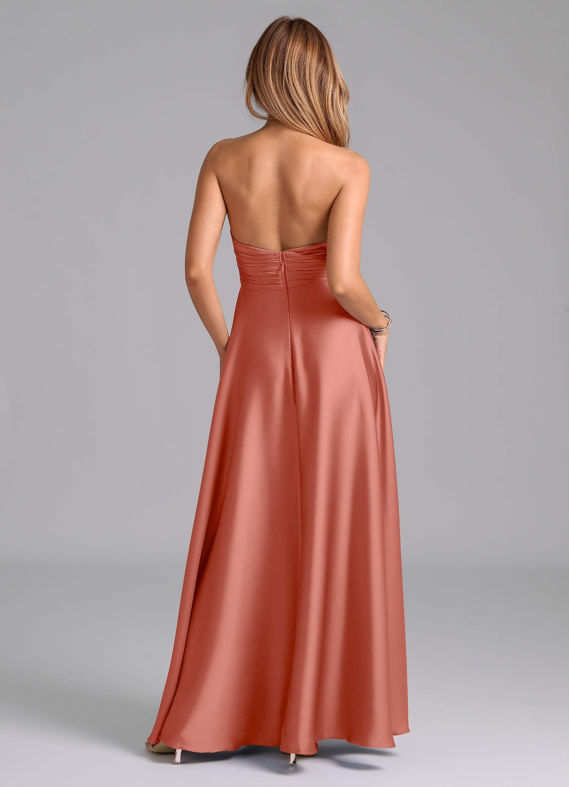 Tessie A-Line V-Neck Stretch Satin Bridesmaid Dress in Salmon Pink