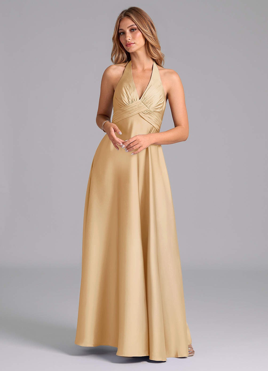 Tessie A-Line V-Neck Stretch Satin Bridesmaid Dress in Gold