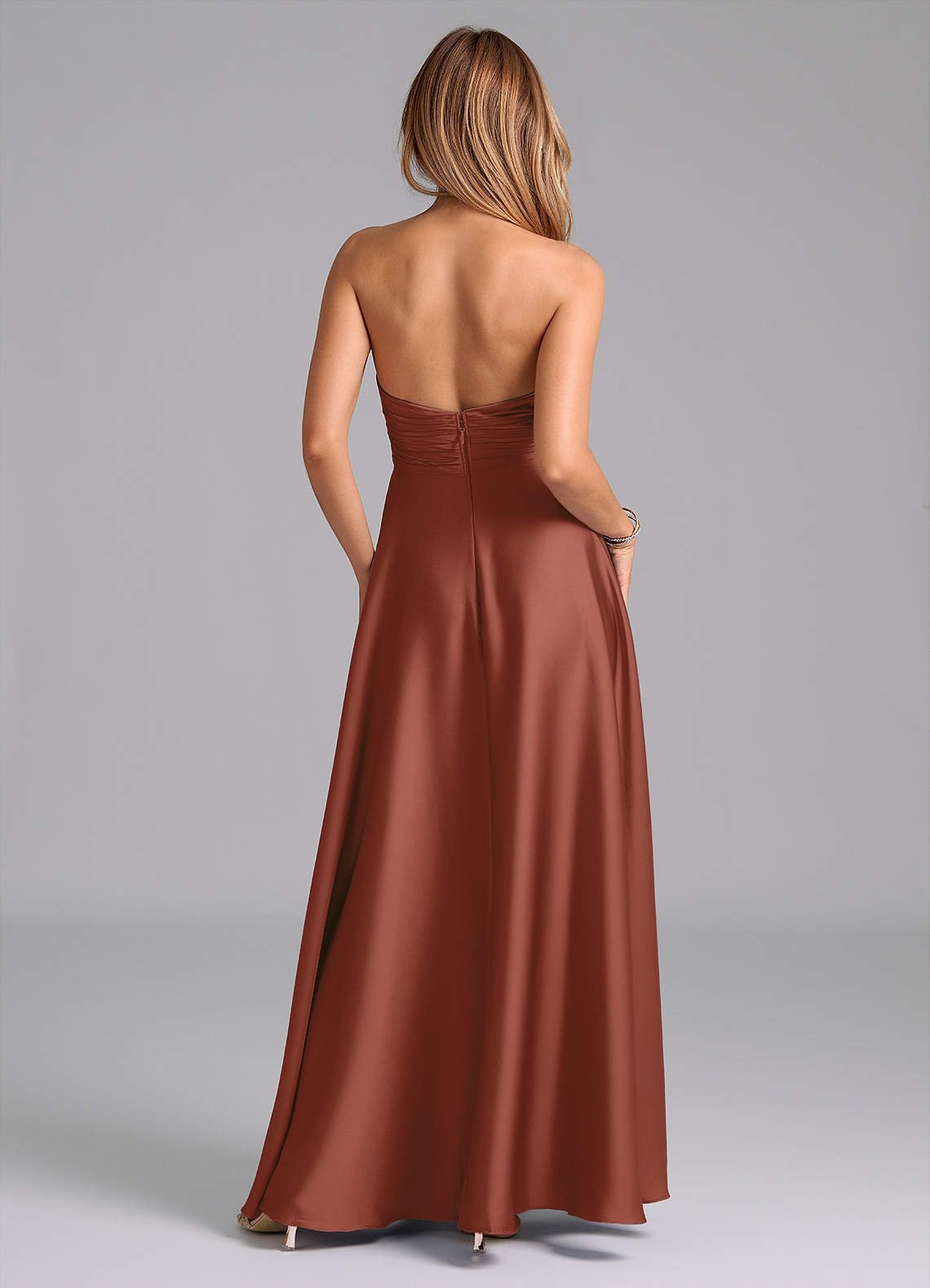 Tessie A-Line V-Neck Stretch Satin Bridesmaid Dress in Auburn