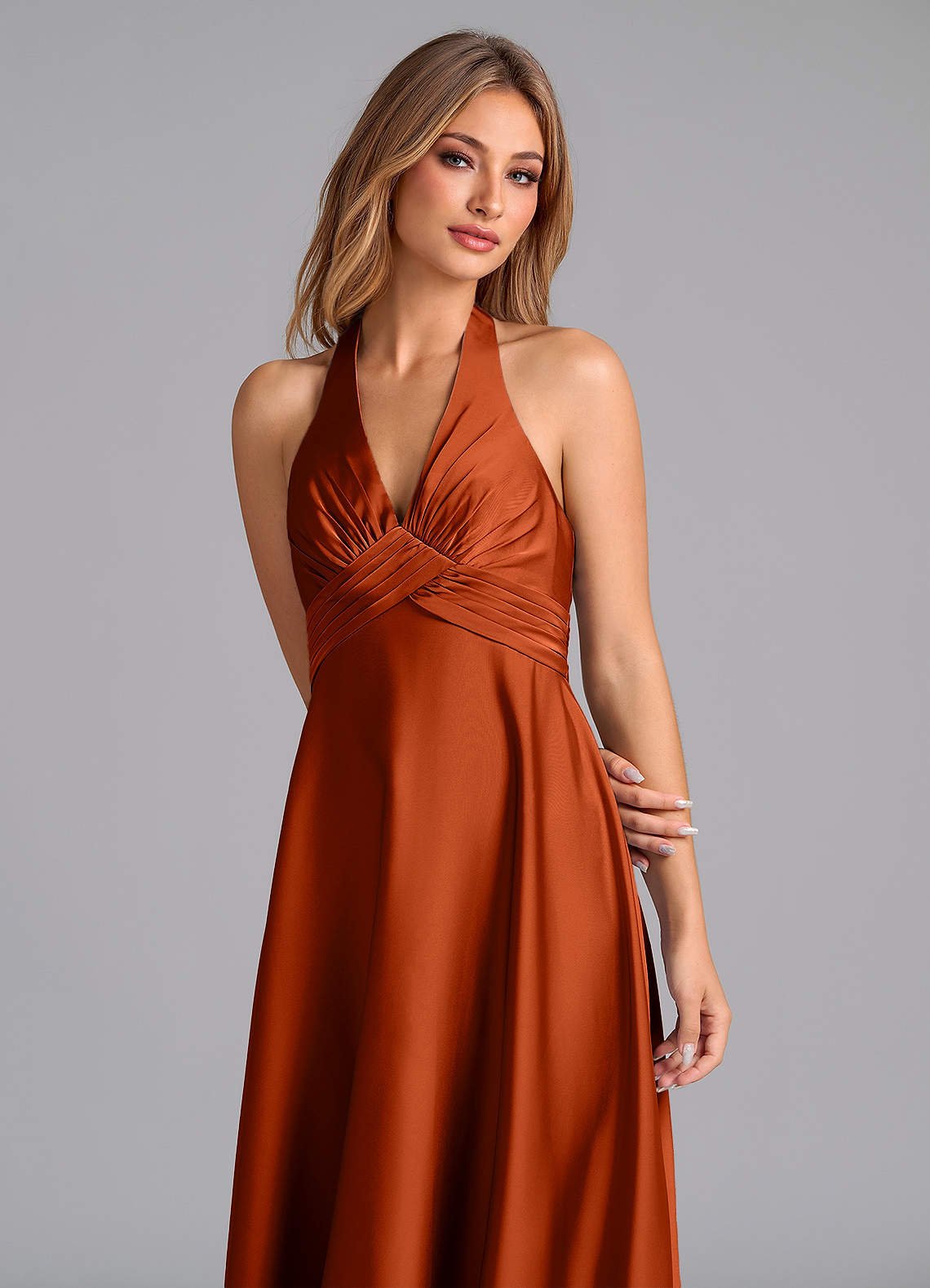 Tessie A-Line V-Neck Stretch Satin Bridesmaid Dress in Paprika