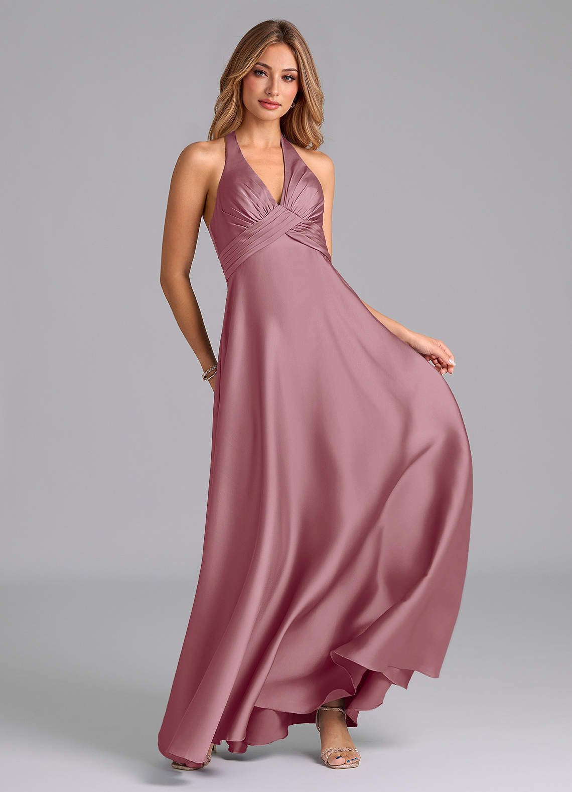 Tessie A-Line V-Neck Stretch Satin Bridesmaid Dress in Vintage Mauve