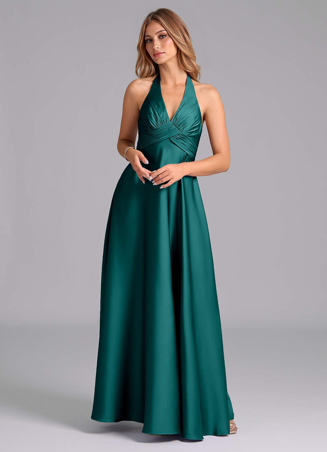 Tessie A-Line V-Neck Stretch Satin Bridesmaid Dress in Peacock