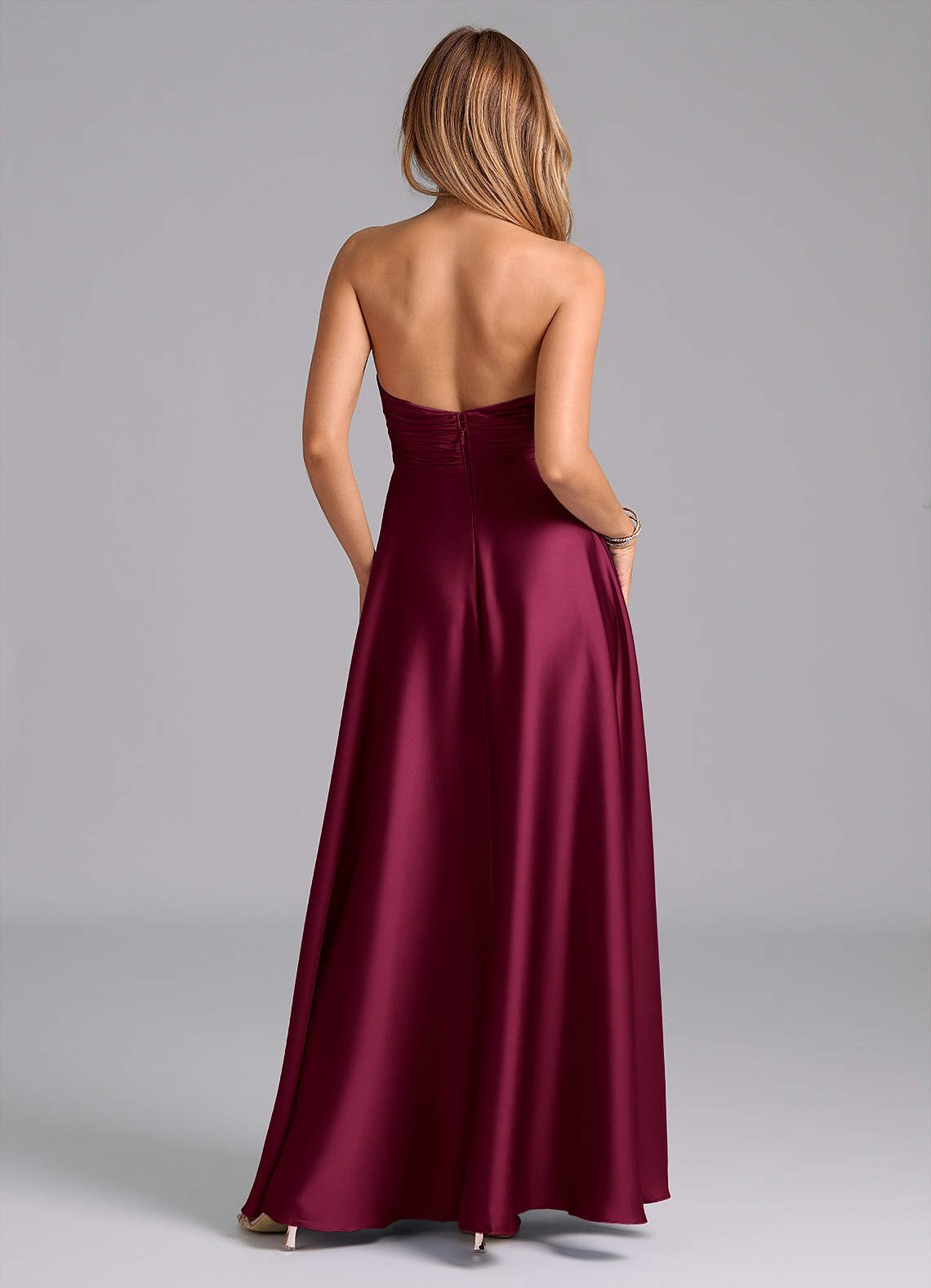 Tessie A-Line V-Neck Stretch Satin Bridesmaid Dress in Burgundy