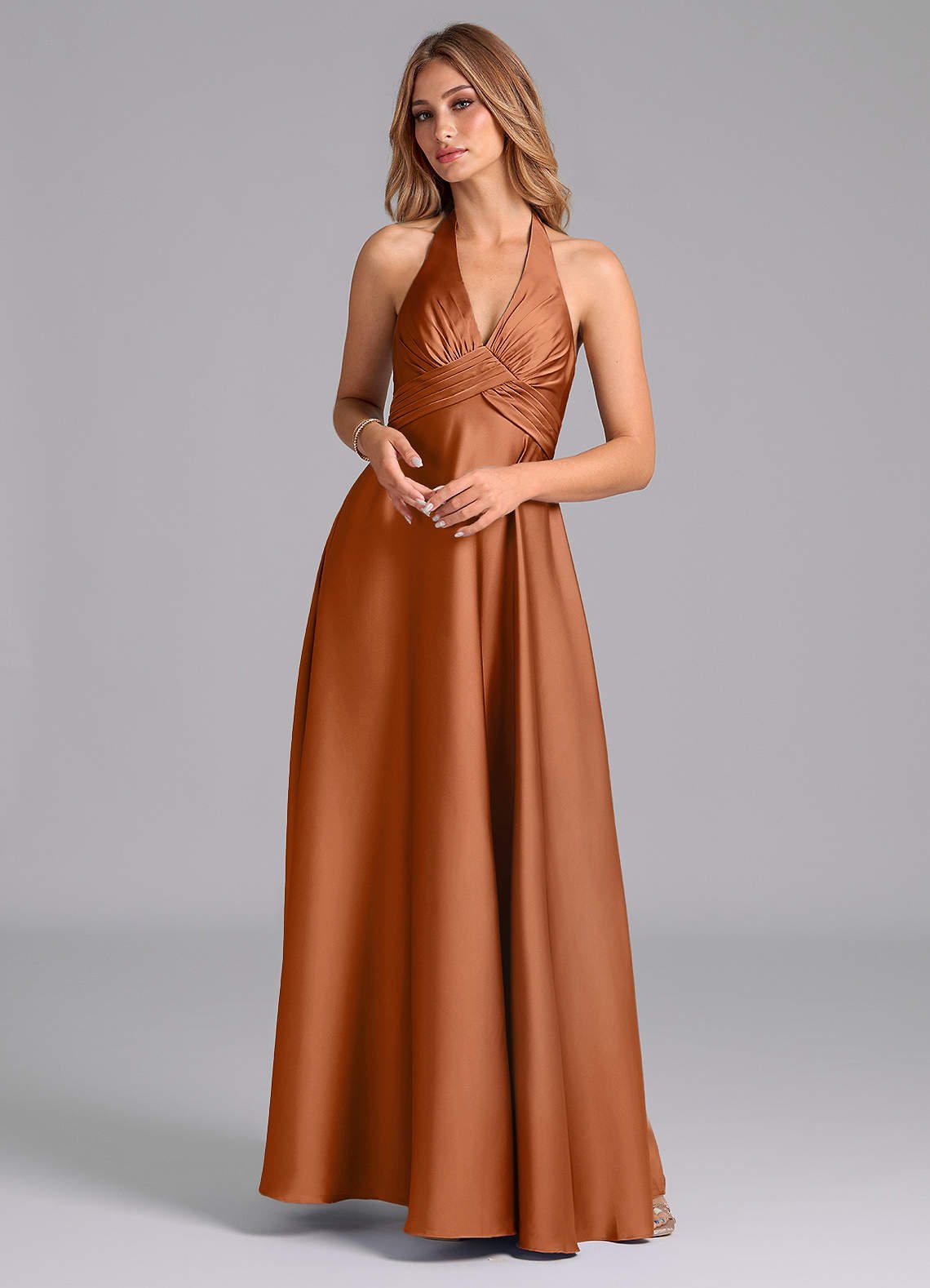 Tessie A-Line V-Neck Stretch Satin Bridesmaid Dress in Copper
