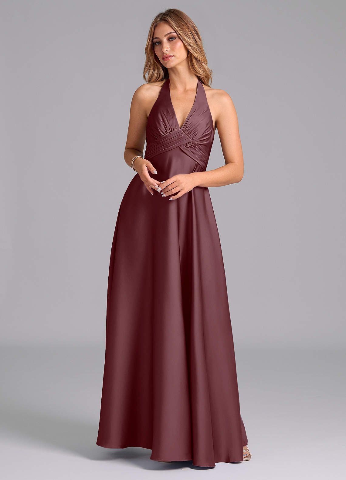 Tessie A-Line V-Neck Stretch Satin Bridesmaid Dress in Sangria