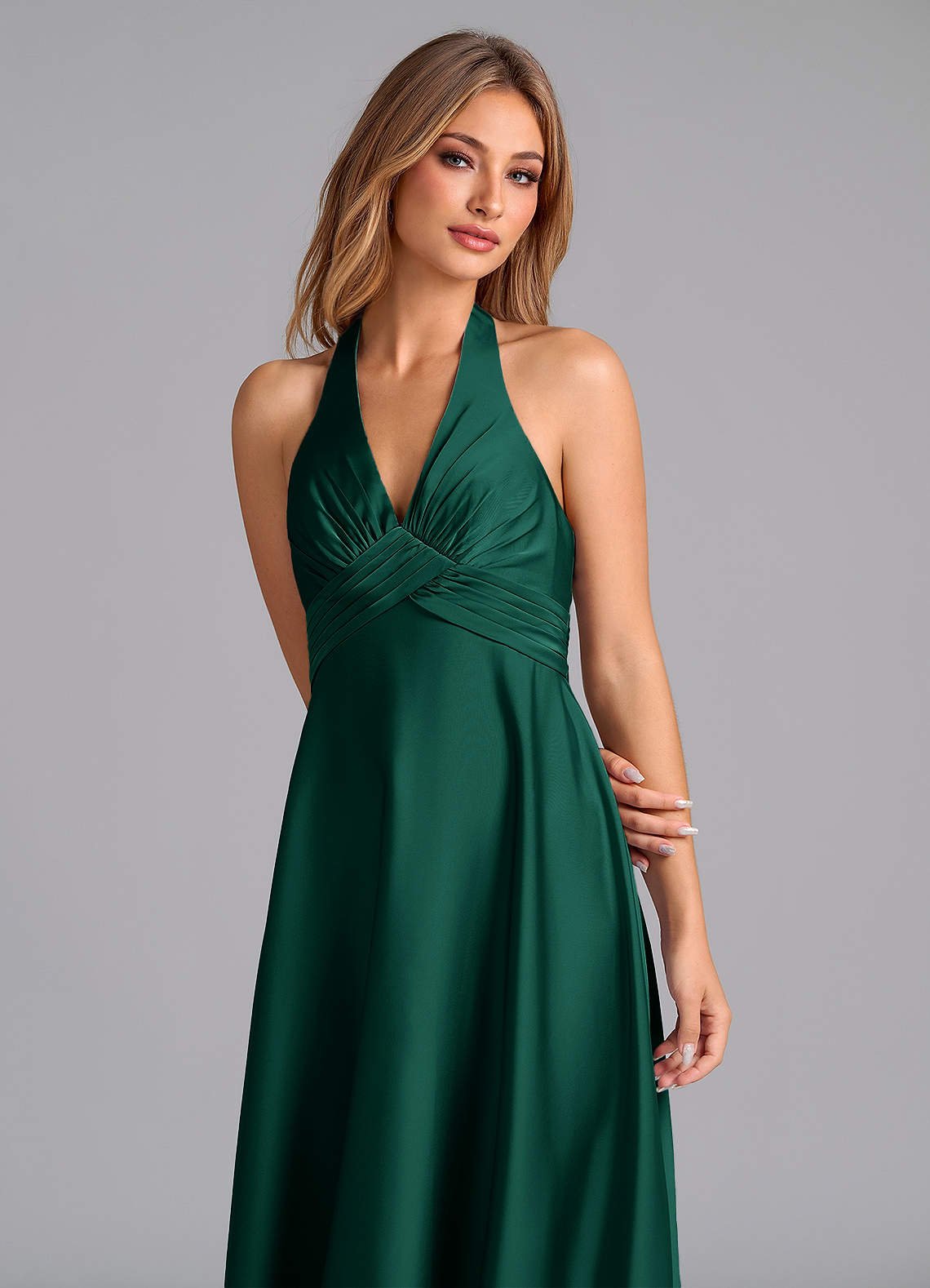 Tessie A-Line V-Neck Stretch Satin Bridesmaid Dress in Emerald