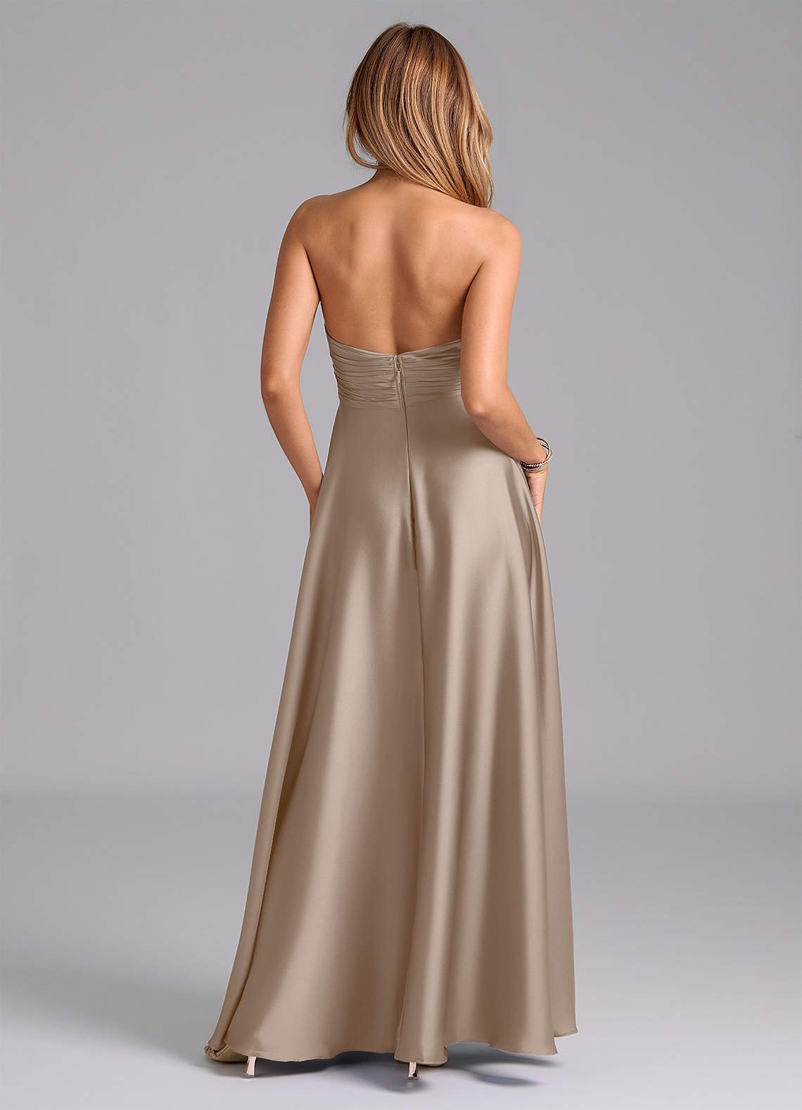 Tessie A-Line V-Neck Stretch Satin Bridesmaid Dress in Taupe