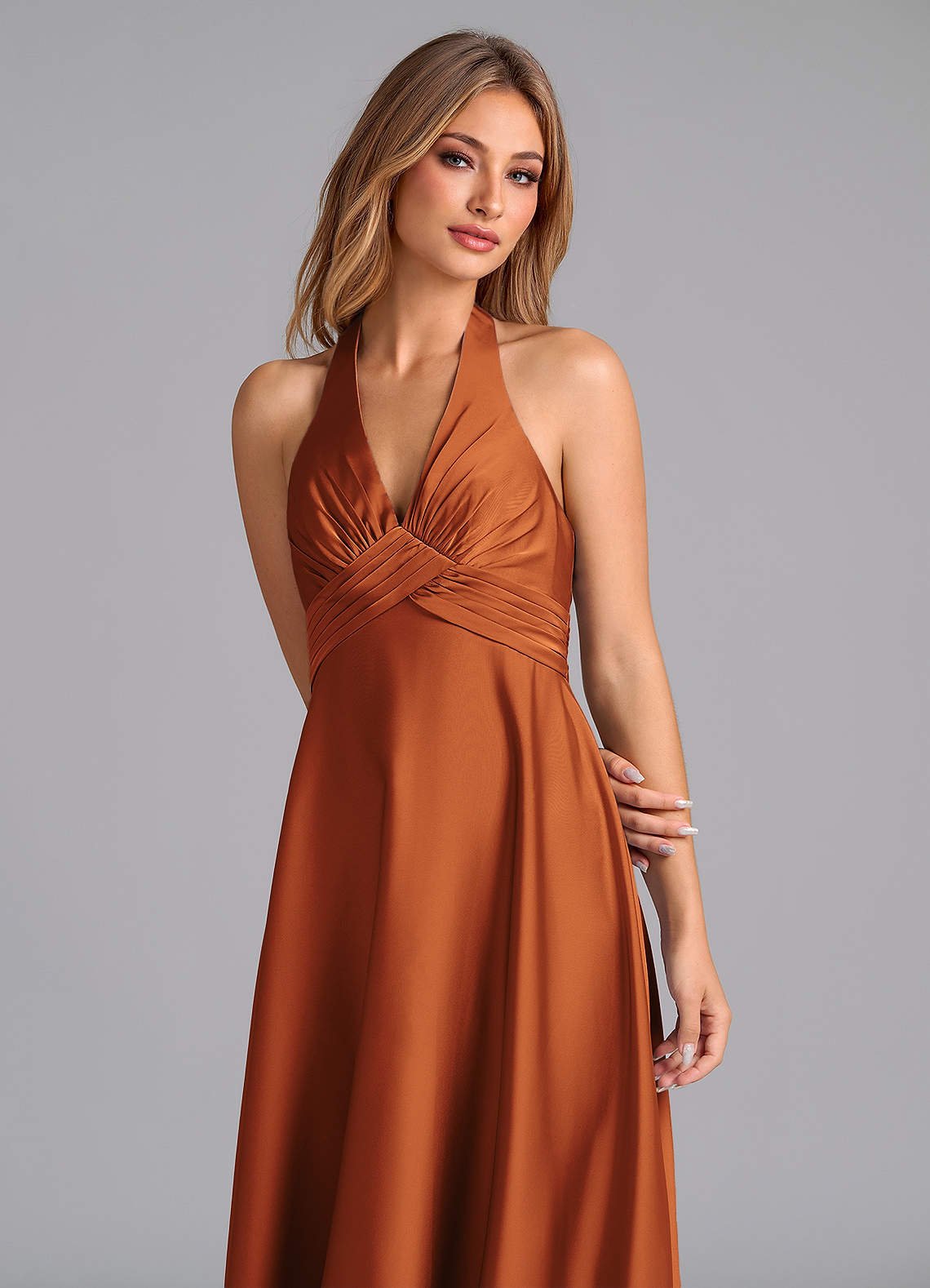 Tessie A-Line V-Neck Stretch Satin Bridesmaid Dress in Cinnamon