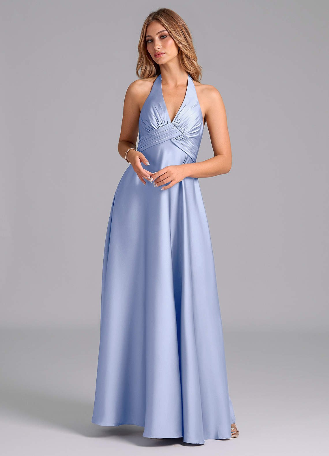 Tessie A-Line V-Neck Stretch Satin Bridesmaid Dress in Ice
