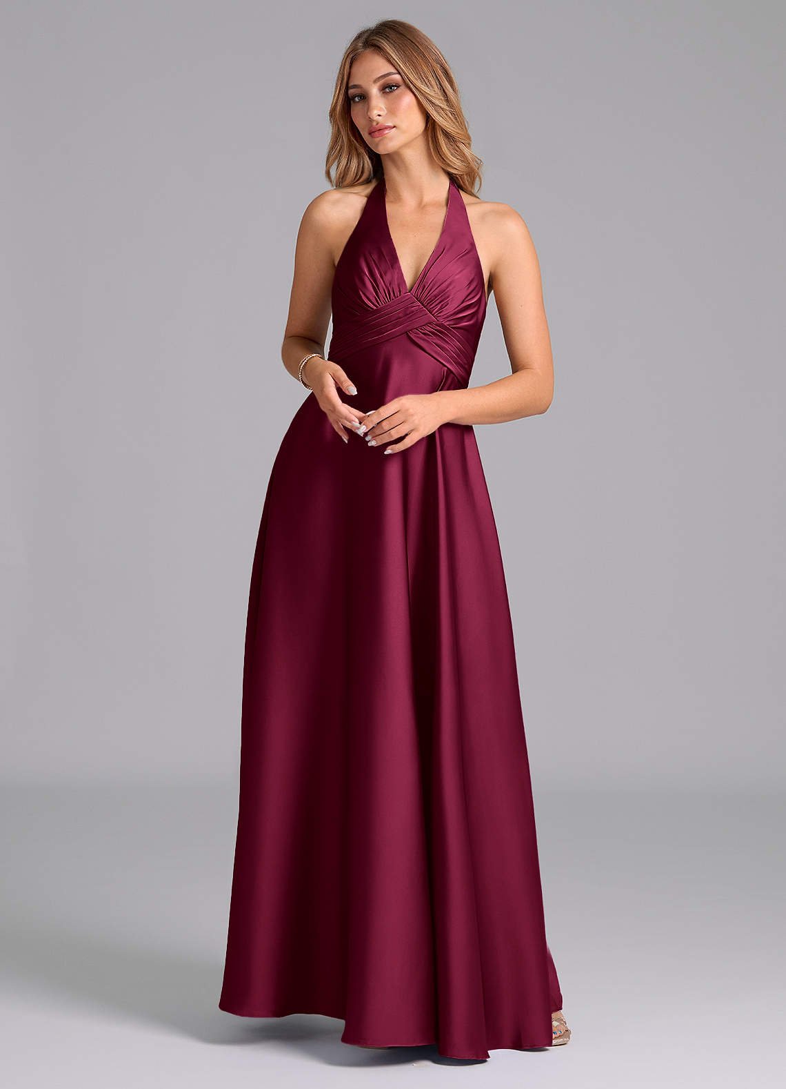Tessie A-Line V-Neck Stretch Satin Bridesmaid Dress in Burgundy