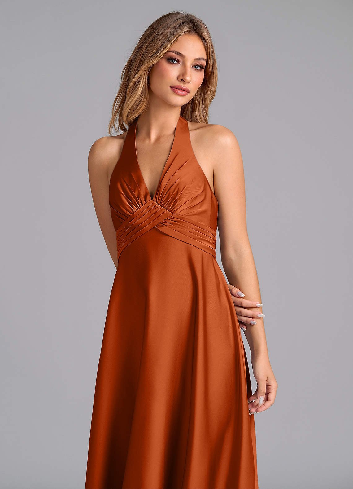 Tessie A-Line V-Neck Stretch Satin Bridesmaid Dress in Burnt Orange