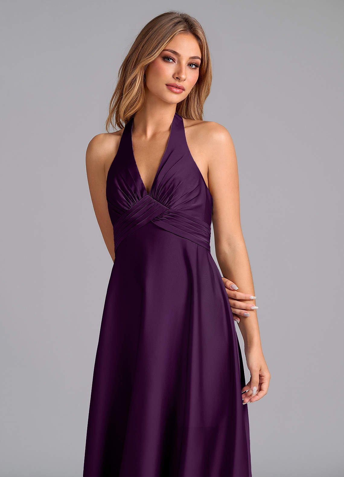 Tessie A-Line V-Neck Stretch Satin Bridesmaid Dress in Grape