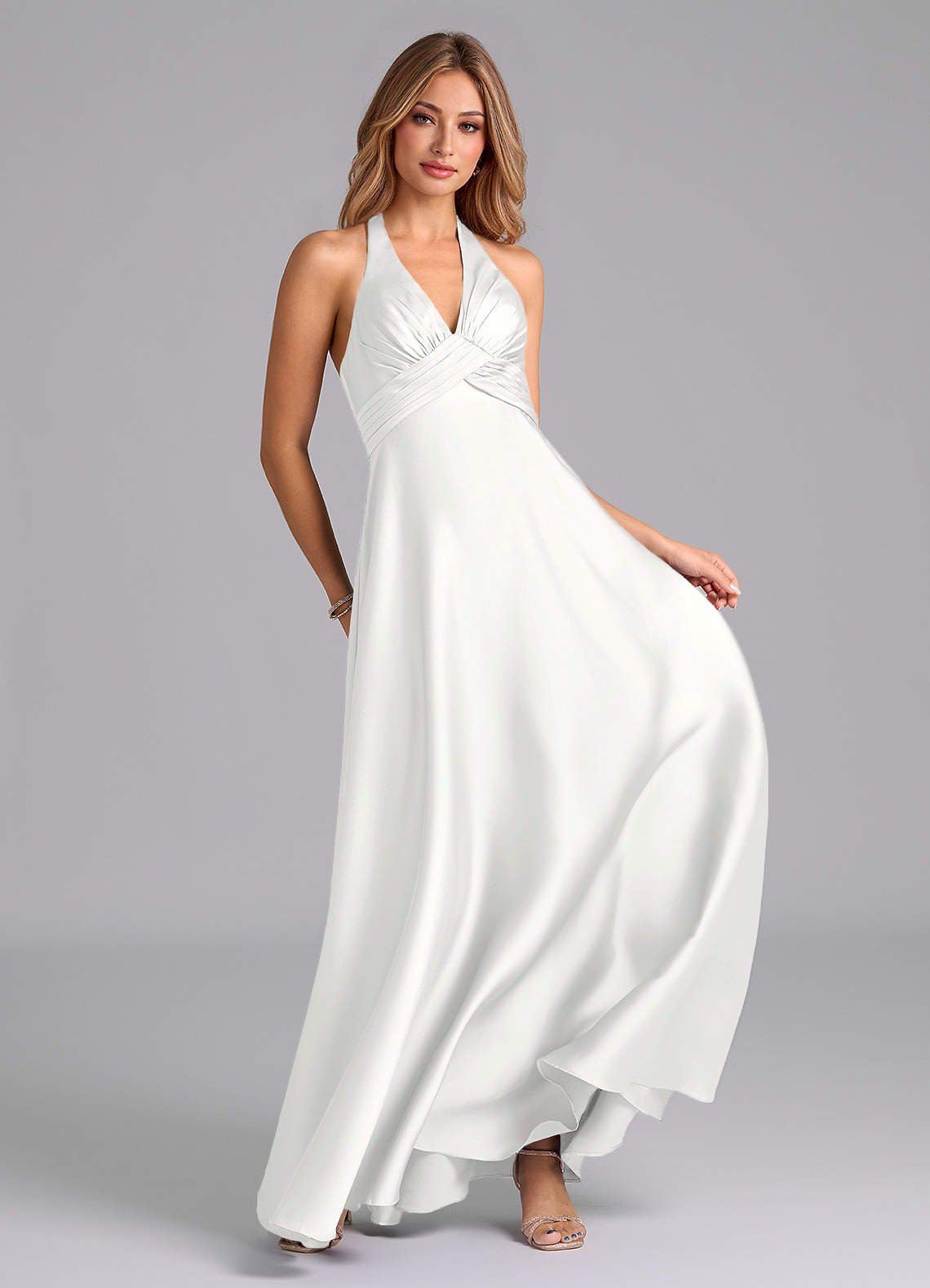 Tessie A-Line V-Neck Stretch Satin Bridesmaid Dress in white