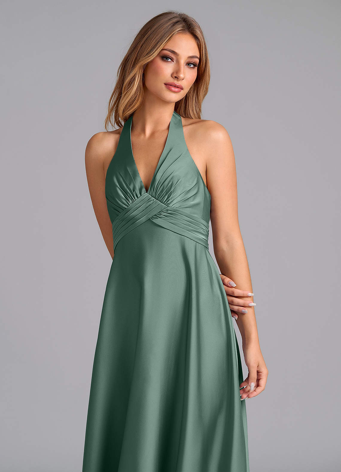 Tessie A-Line V-Neck Stretch Satin Bridesmaid Dress in Eucalyptus