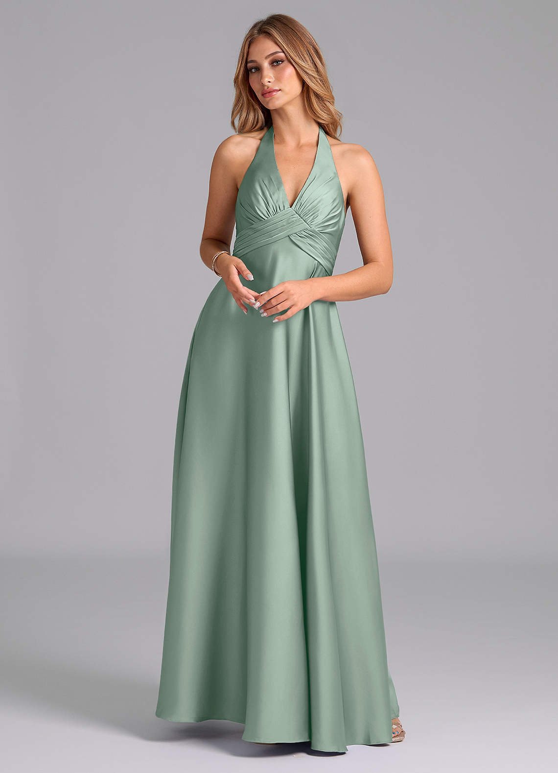 Tessie A-Line V-Neck Stretch Satin Bridesmaid Dress in Agave