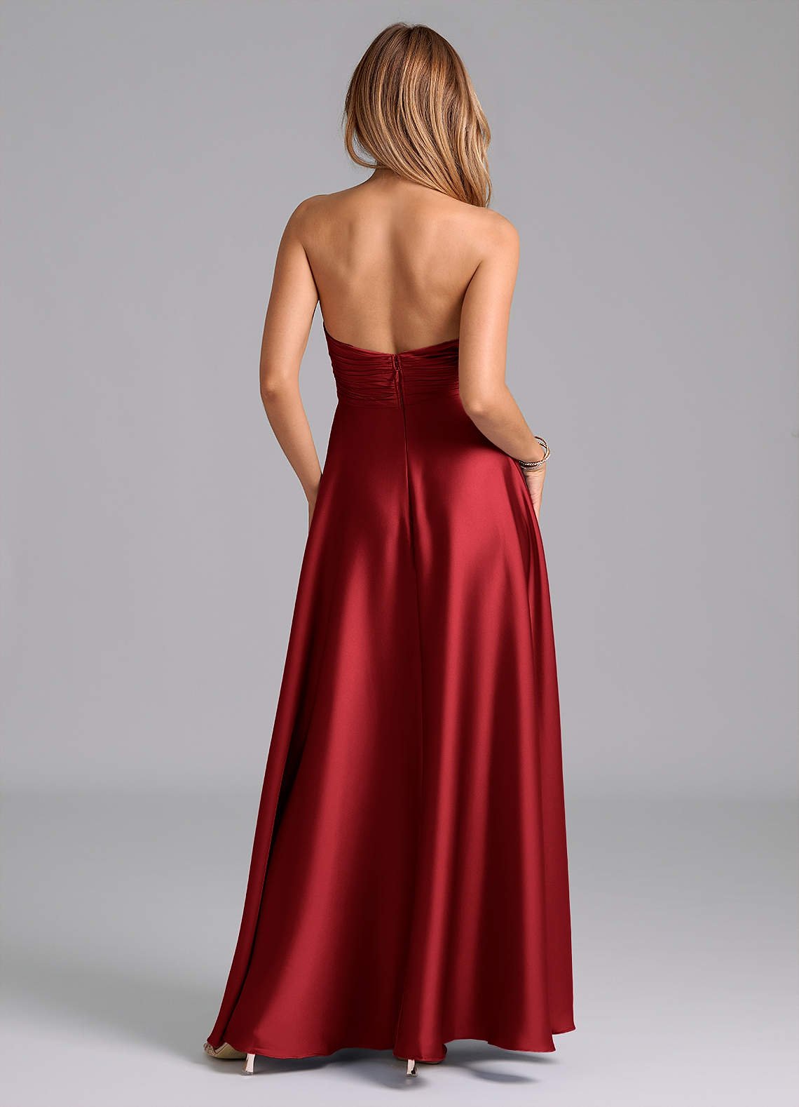 Tessie A-Line V-Neck Stretch Satin Bridesmaid Dress in Scarlet