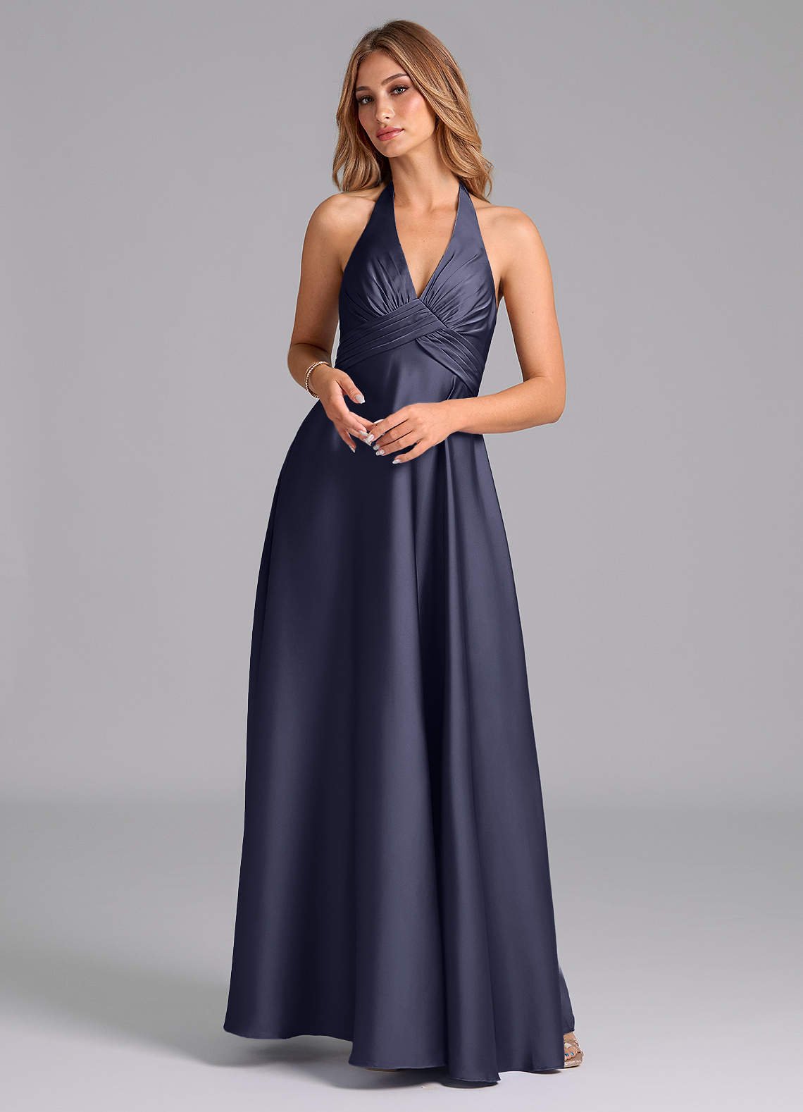 Tessie A-Line V-Neck Stretch Satin Bridesmaid Dress in Stormy